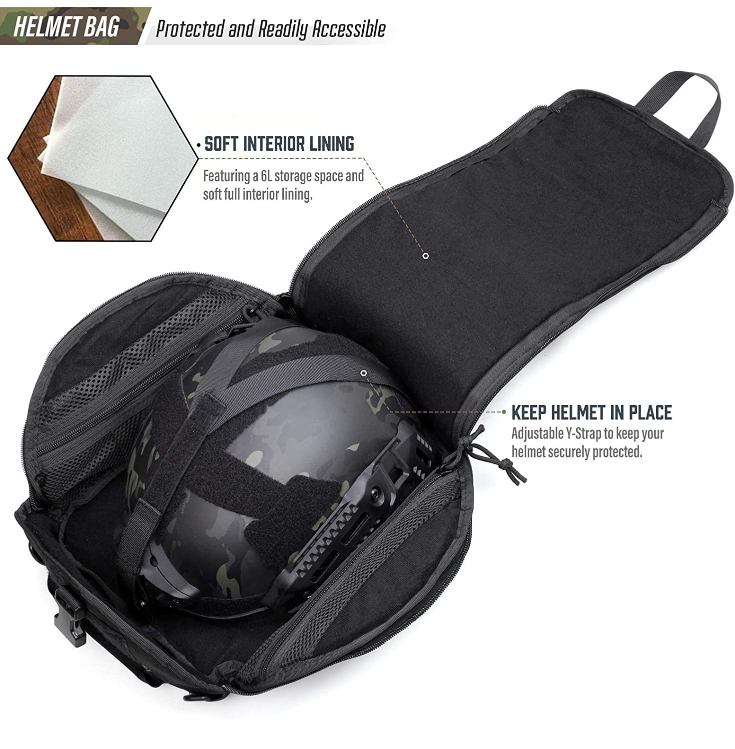 Tactical Helmet Bag, Protective Helmet Carry Case with Hook-and-Loop Panel & MOLLE Webbing, Portable Helmet Transport Pouch for Airsoft, Paintball, Outdoor Tactical Gear