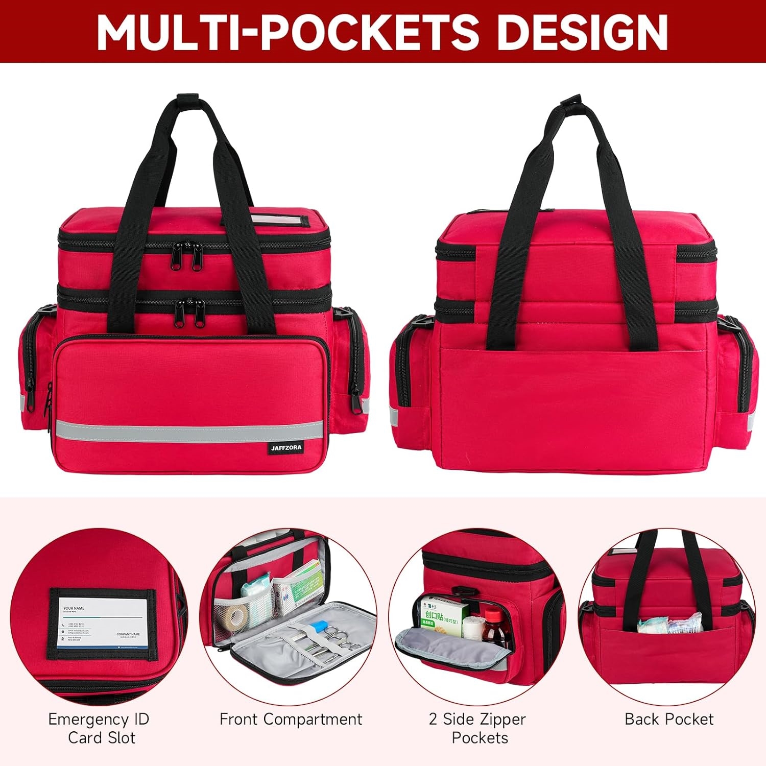 Waterproof Double Layer EMT First Aid Bag, Multi-Pocket Empty Medical Organizer with Lockable Zippers & Night Reflective Strips