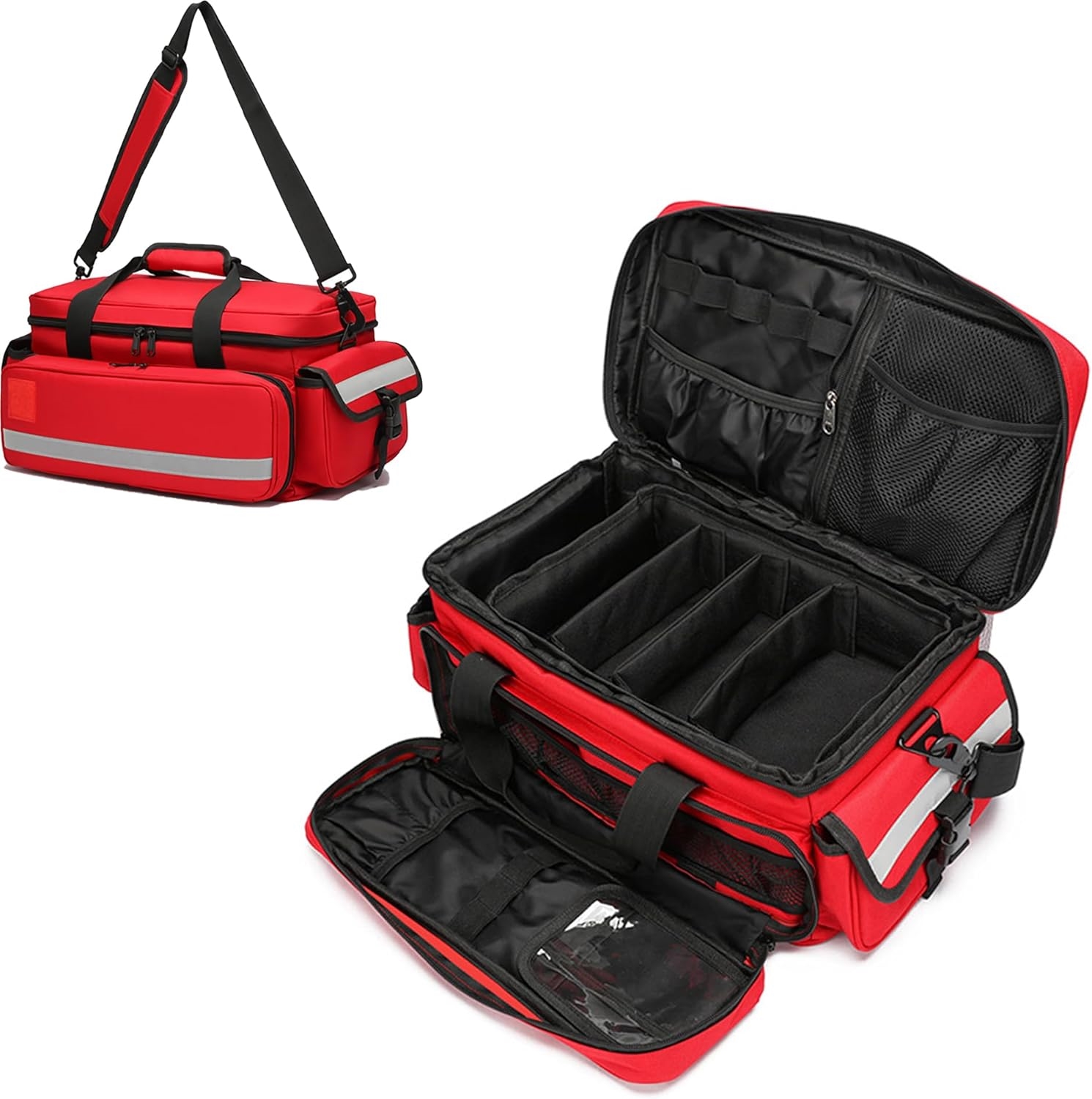 Reflective EMT First Aid Responder Bag, Empty Multi-Compartment Medical Carry Bag with Removable Dividers for Rescue & Household Use