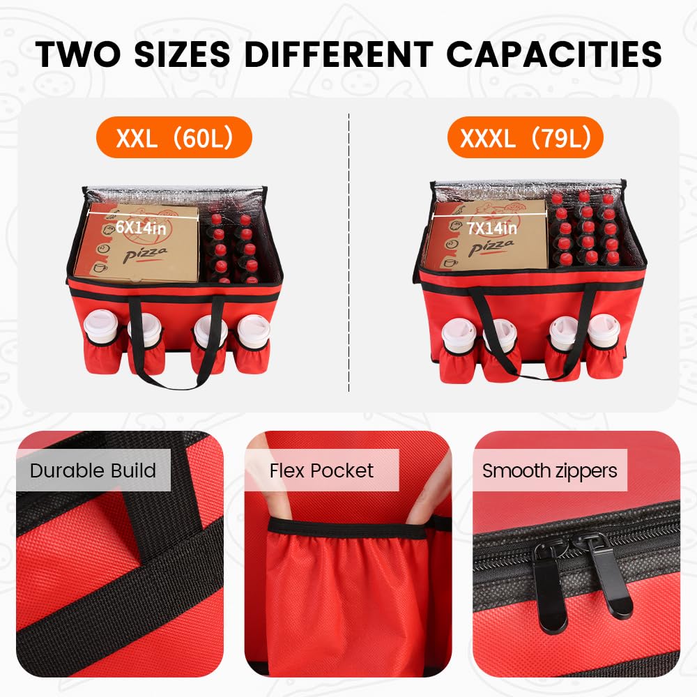 23 Inch Large Insulated Pizza Delivery Bag, Foldable Waterproof Thermal Food Transport Tote with 4 Adjustable Cup Holders for Catering & Food Delivery Business