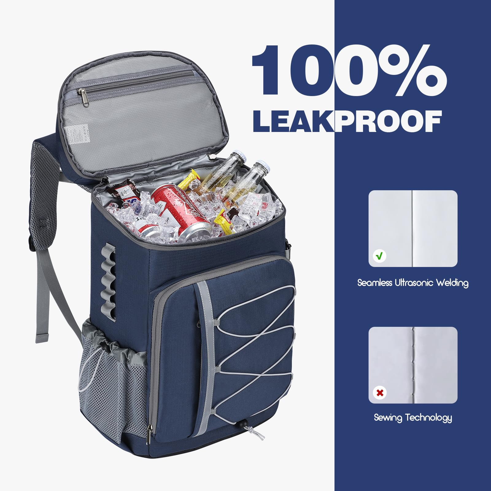 Breathable Padded Cooler Backpack, Adjustable Fixed Side Bottle Buckles Leakproof Insulated Thermal Backpack for Outdoor Camping Fishing Hiking Picnic