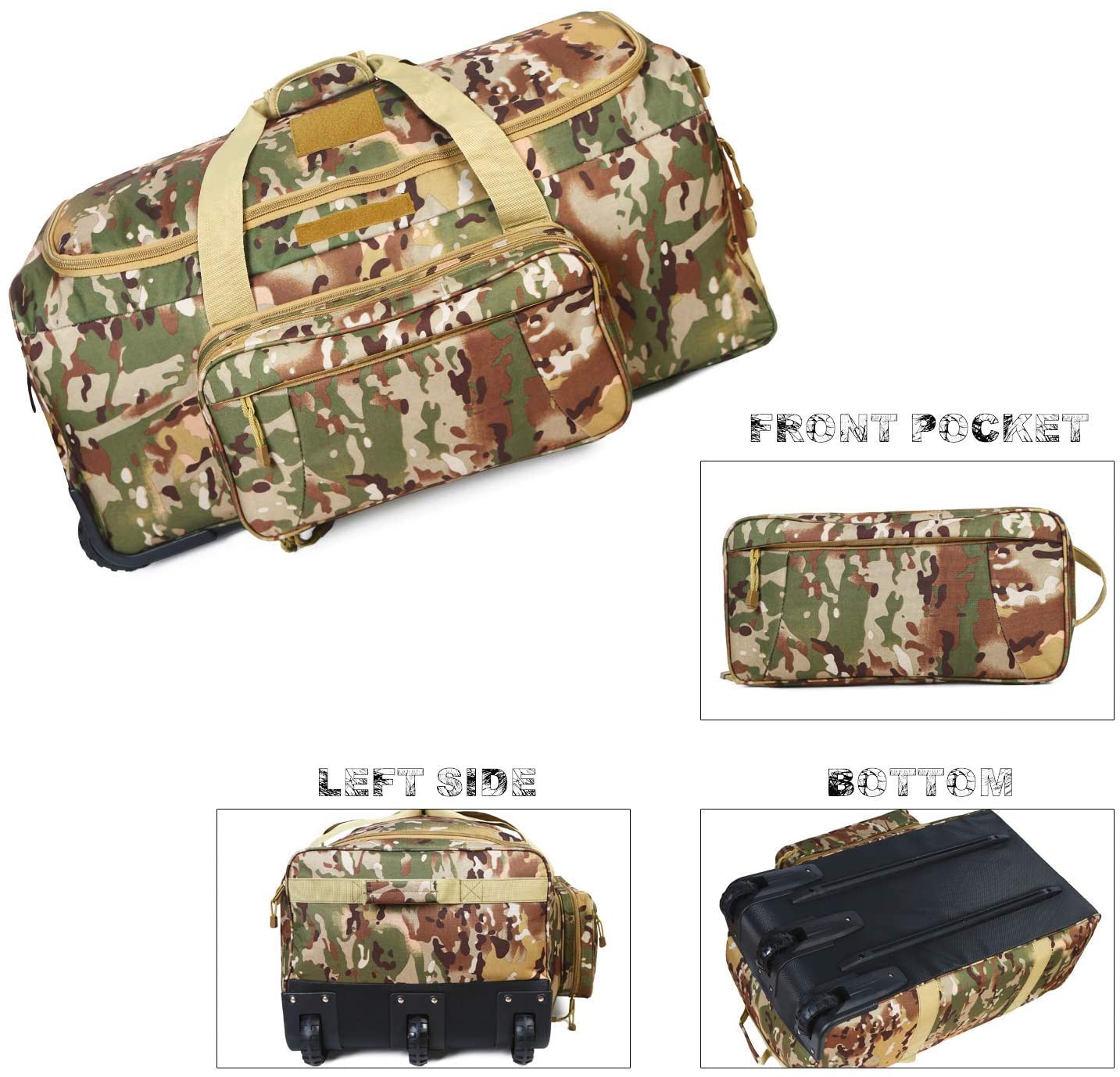 Camouflage Tactical Rolling Duffle Bag, Wheeled Tactical Gear Luggage with Detachable Front Pouch, Large Capacity Travel Storage Bag for Hunting, Shooting, Outdoor Deployment