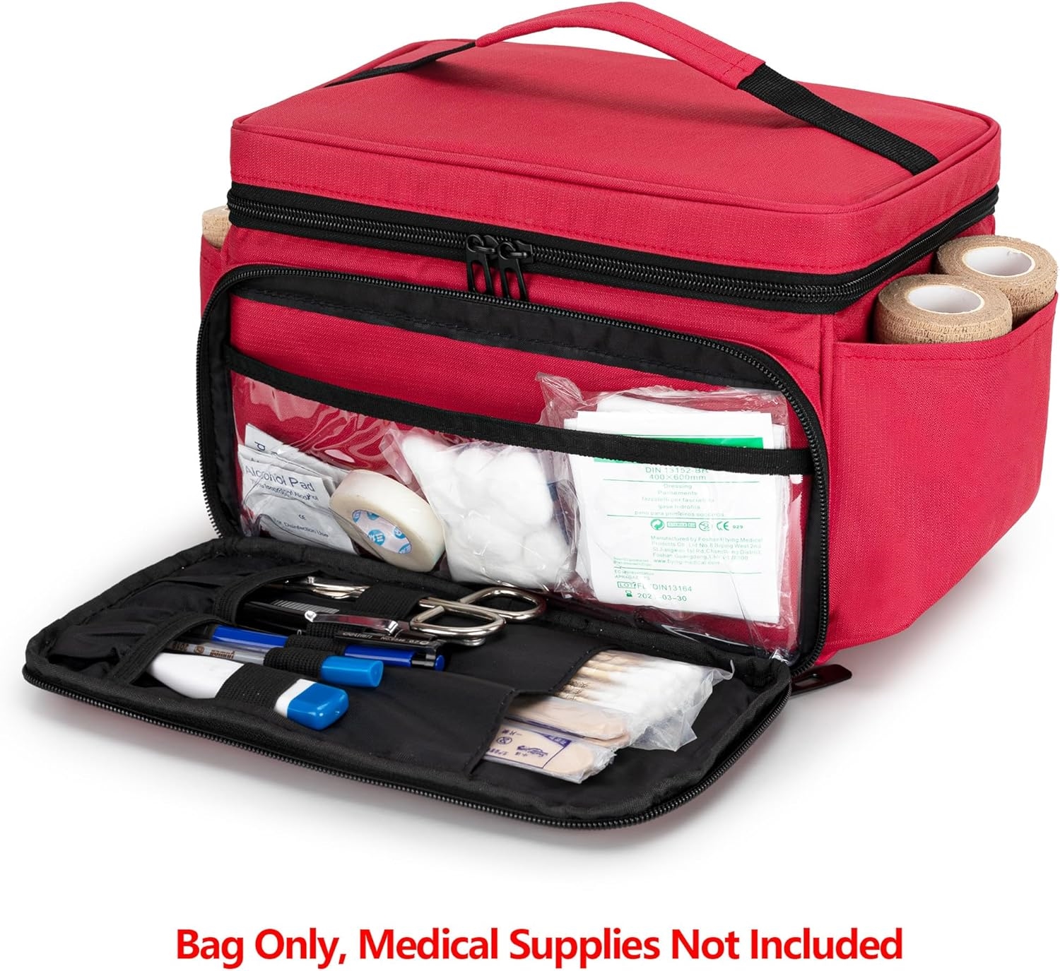 Spacious Portable Empty First Aid Kit Bag, Reflective Medical Carry Organizer with Multiple Side & Back Pockets for Household & Outdoor Use