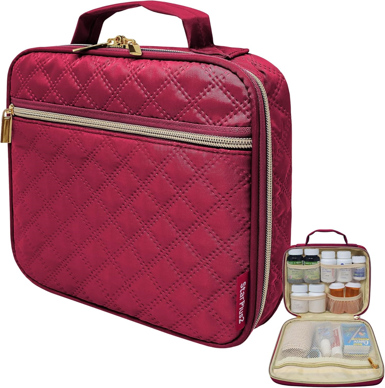 Compact Quilted Pill Bottle Travel Bag, Water Resistant Portable Medication Organizer with Multi Mesh Storage Pockets