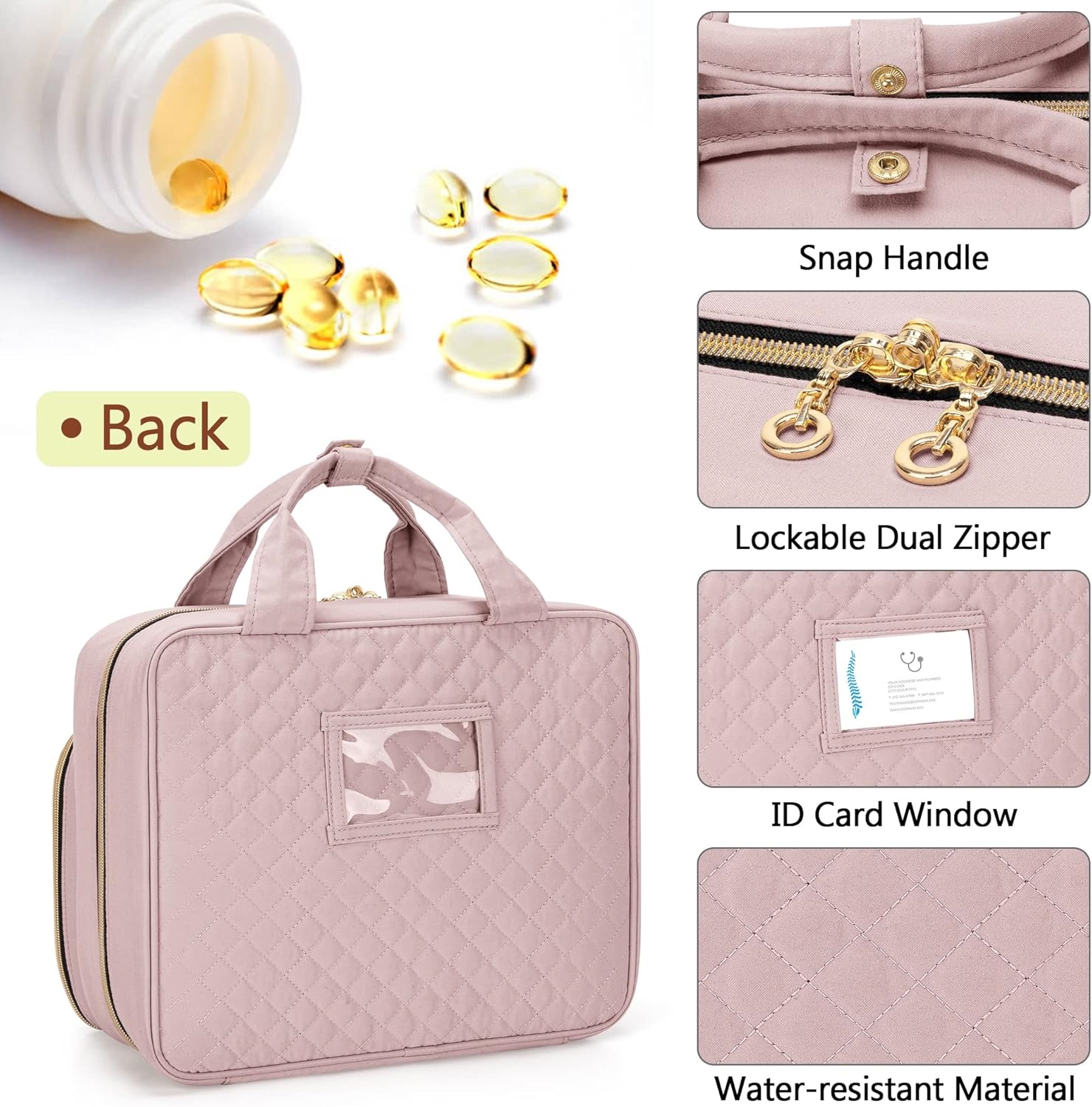 Waterproof Quilted Medicine Carry Bag, Large Portable Pill Storage Organizer with Lockable Zippers & ID Card Slot for Travel & Household Use