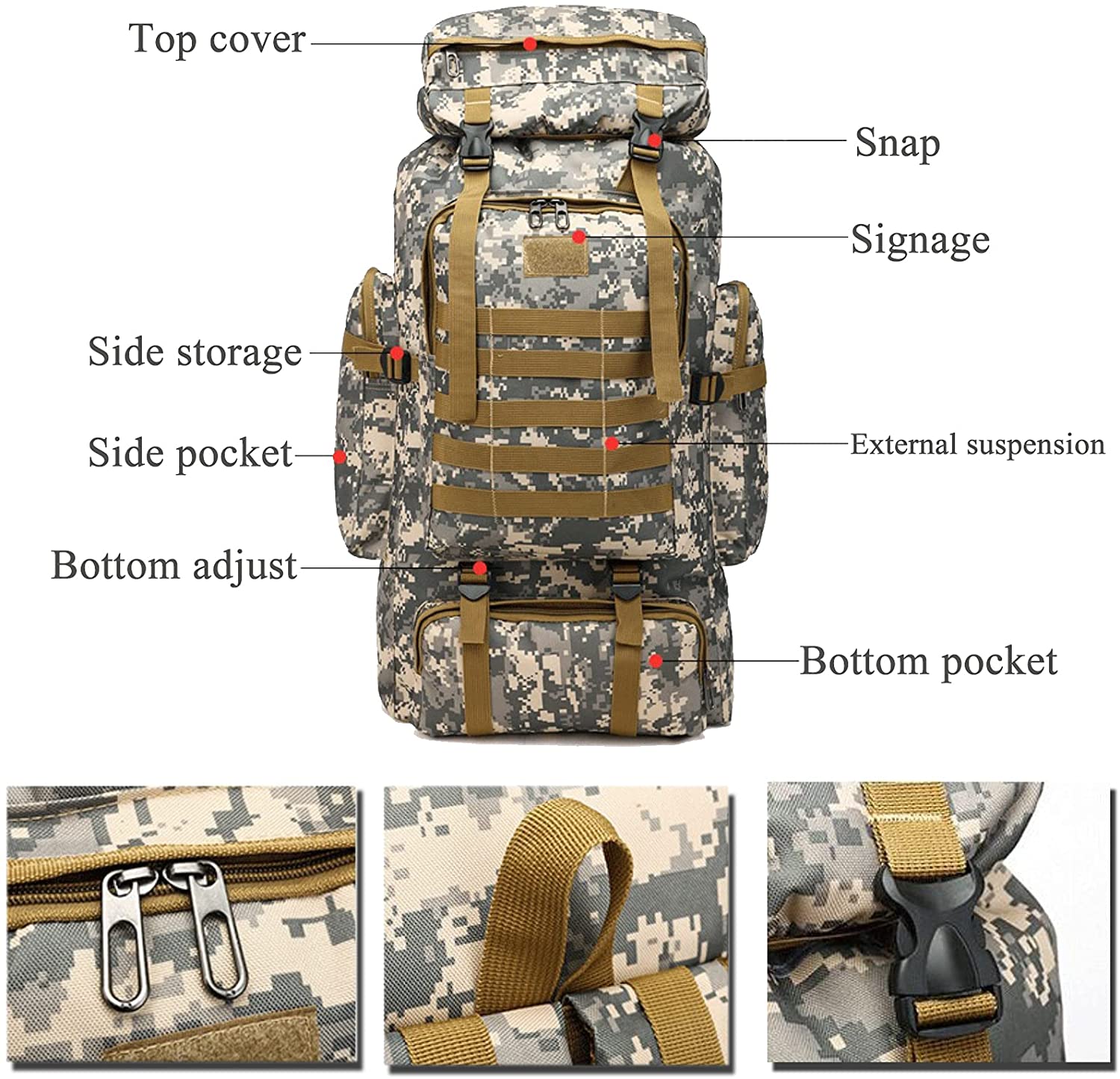 70-80L Large Capacity Military Tactical Backpack, Digital Camo MOLLE Rucksack, Waterproof Hiking Backpack for Camping, Mountaineering, Travel & Outdoor Survival