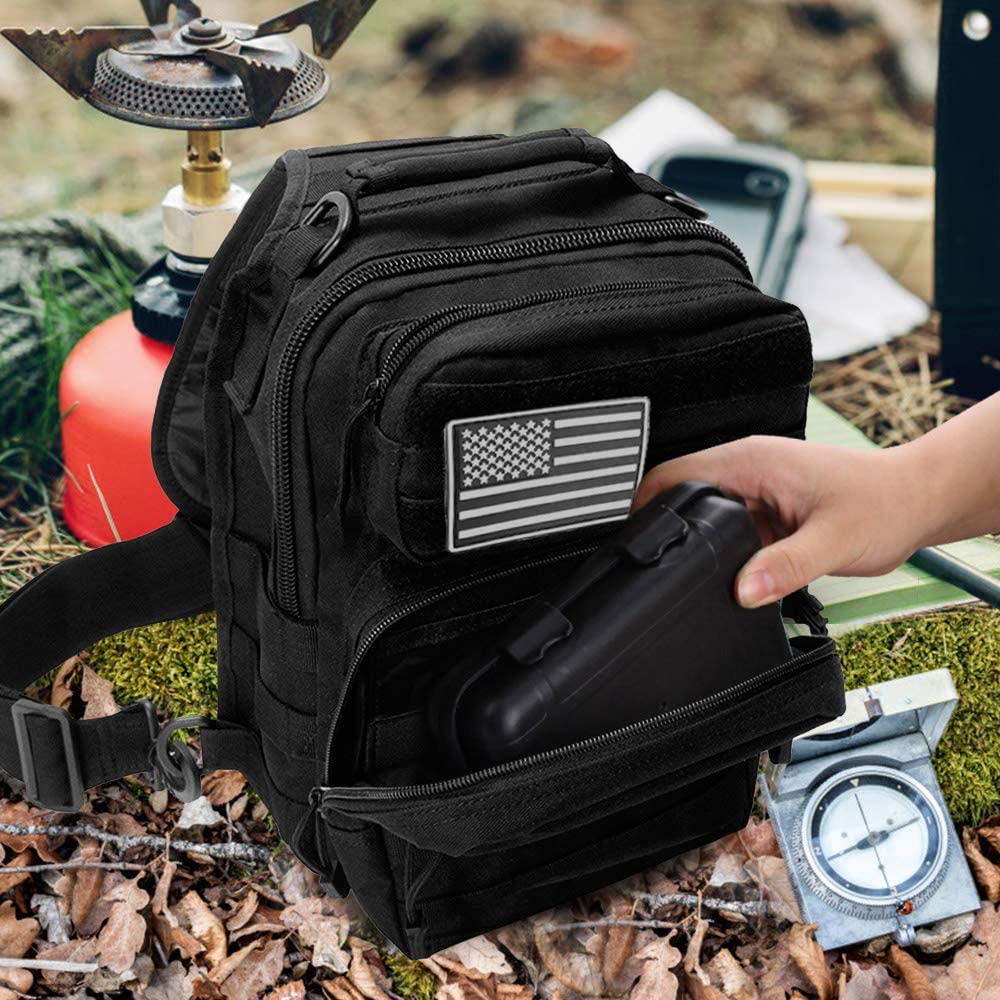 Tactical Sling Bag Crossbody Chest Pack, MOLLE EDC Shoulder Sling Backpack with Water Bottle Pouch, D-Rings & Flag Patch, Outdoor Daypack for Hiking, Shooting, Camping