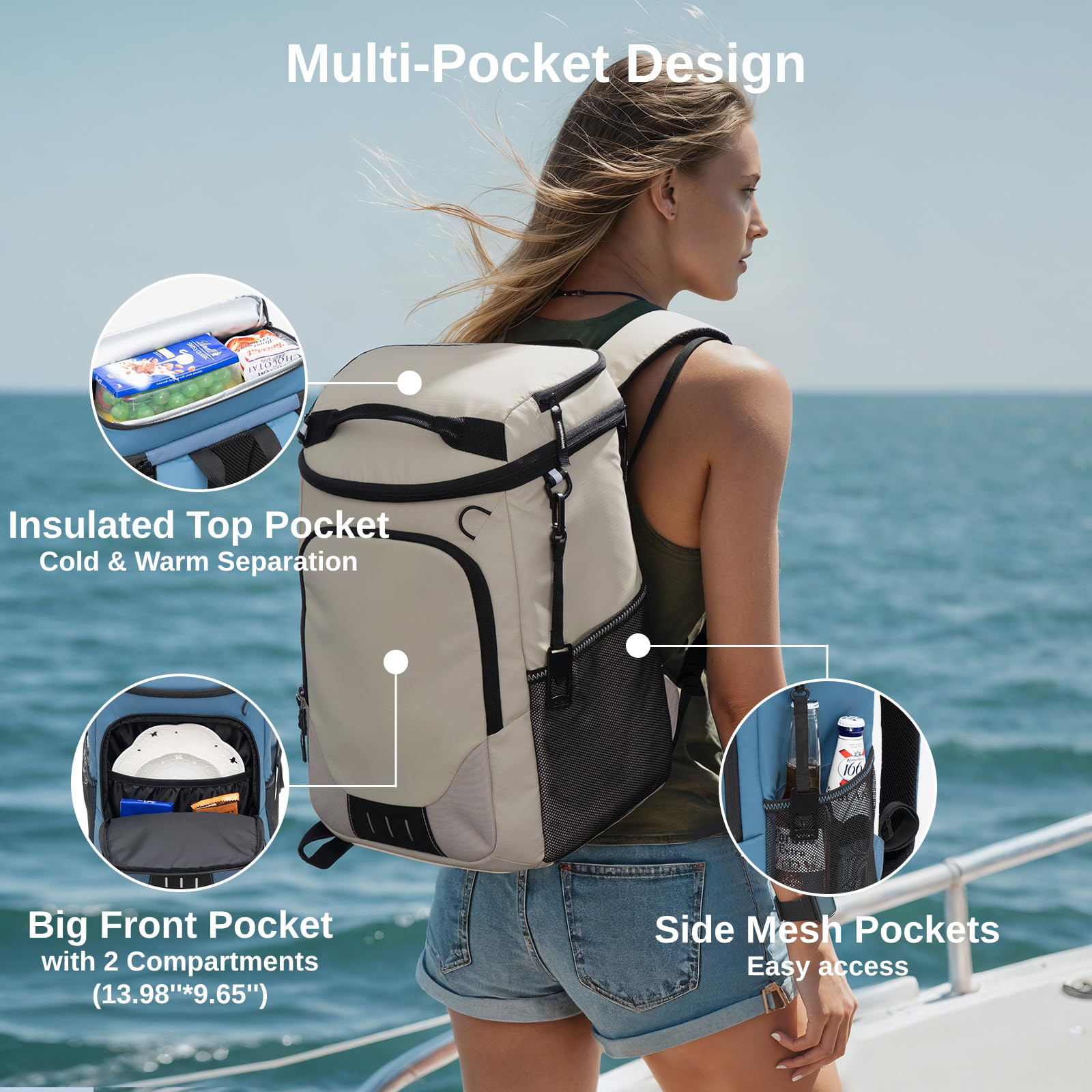 2 Compartment Insulated Cooler Backpack, 5.55 Gallon Holds 33 Cans, 20+ Hours Cold Retention Waterproof Thermal Backpack for Outdoor Camping Fishing Beach