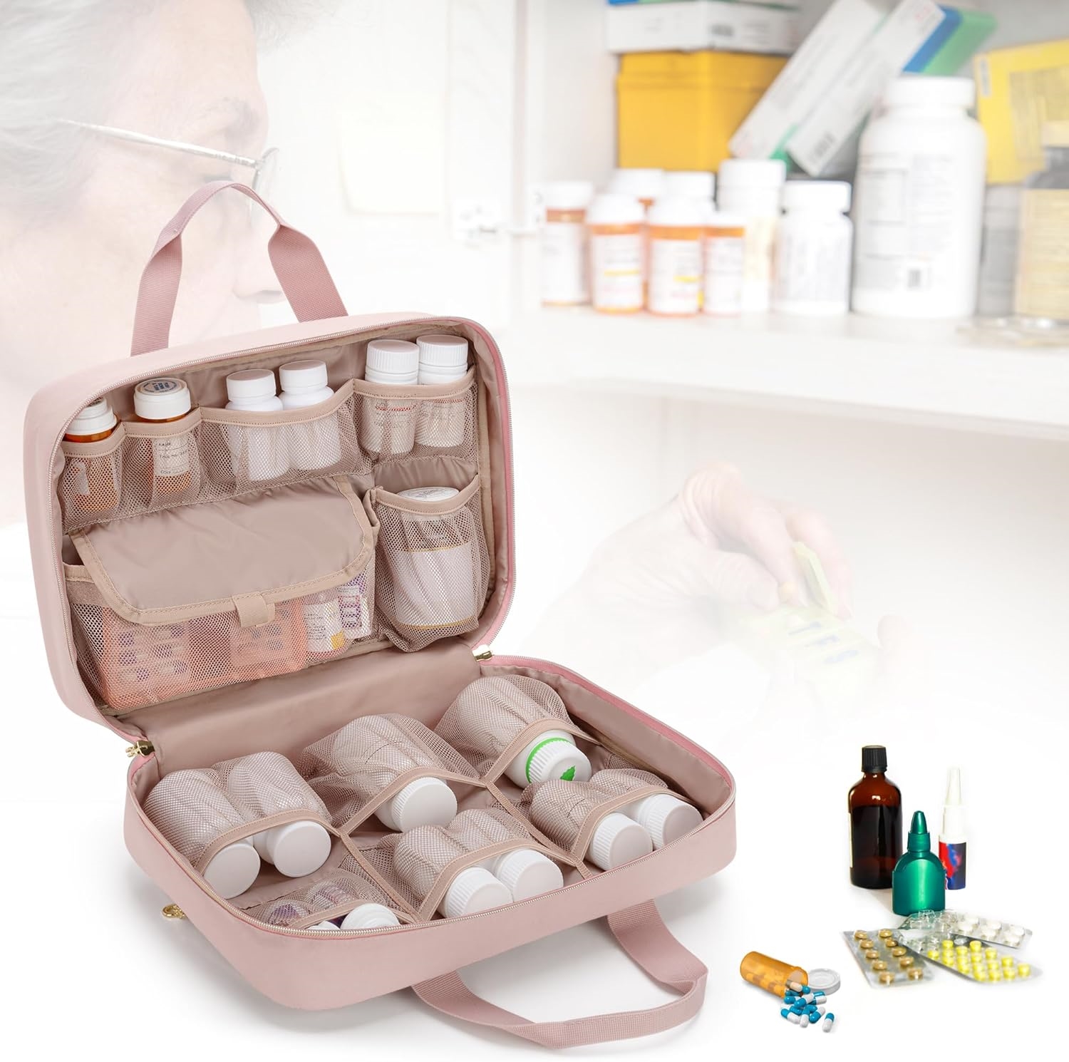 Spacious Waterproof Quilted Medicine Carry Bag, Multi External Pocket Pill Storage Organizer with Lockable Dual Zippers & Medical ID Window