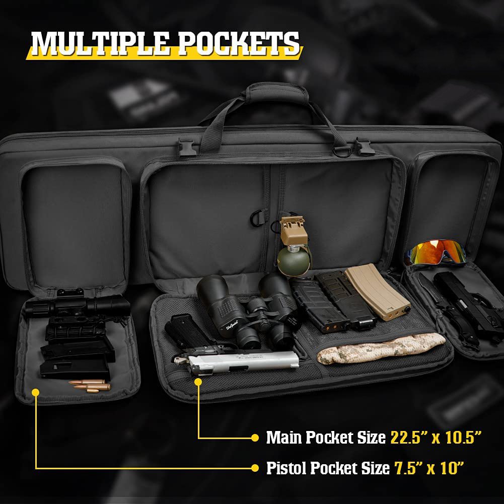 Padded Tactical Rifle Gun Bag, Water Resistant Molle Soft Long Firearm Case with Dual Pistol Pockets for Shooting Range Hunting Transport