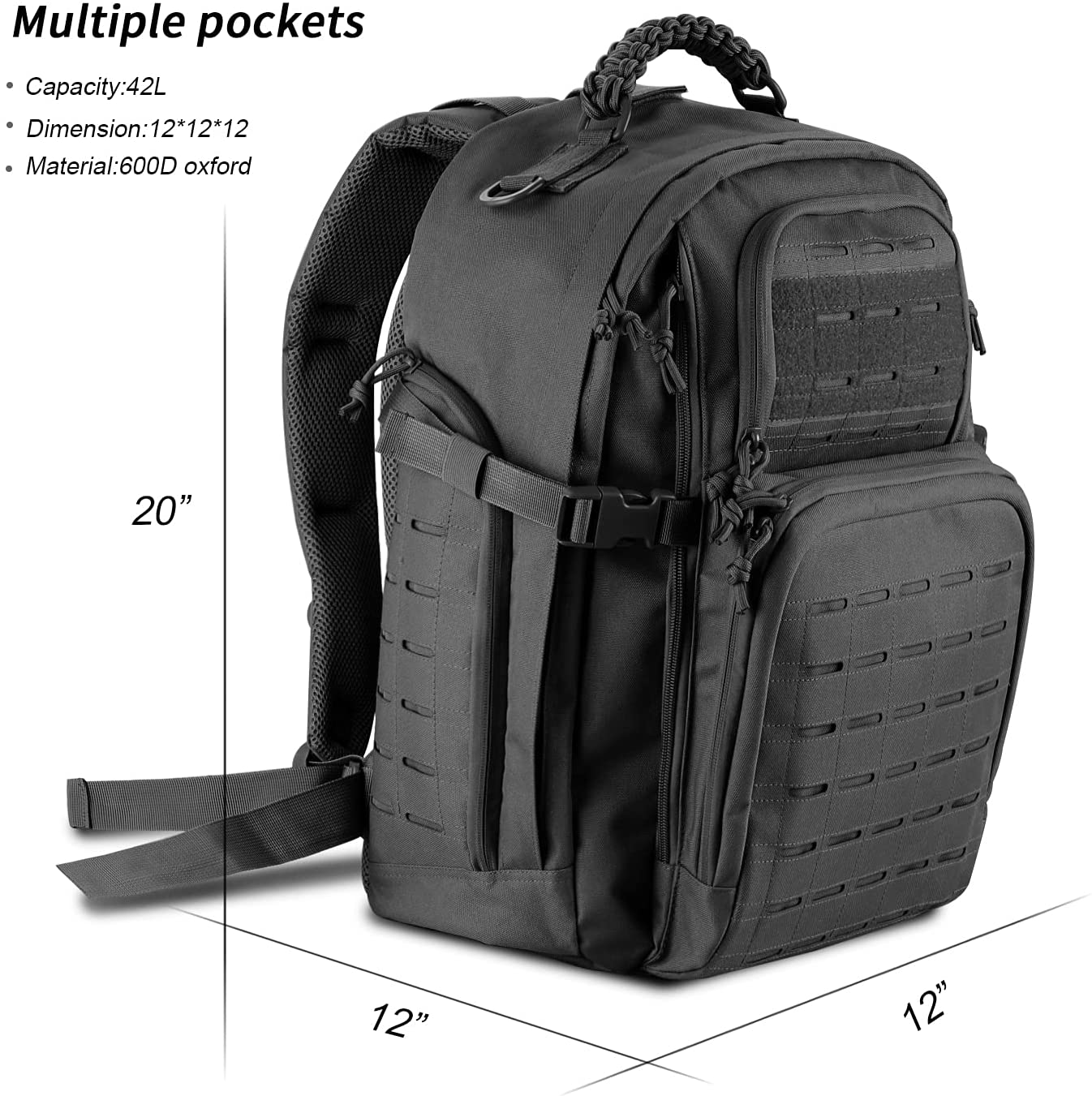 42L Tactical Backpack Laser Cut Molle System, 600D Oxford Military Rucksack with Braided Top Handle & Free USA Flag Patch for Outdoor Hunting Camping