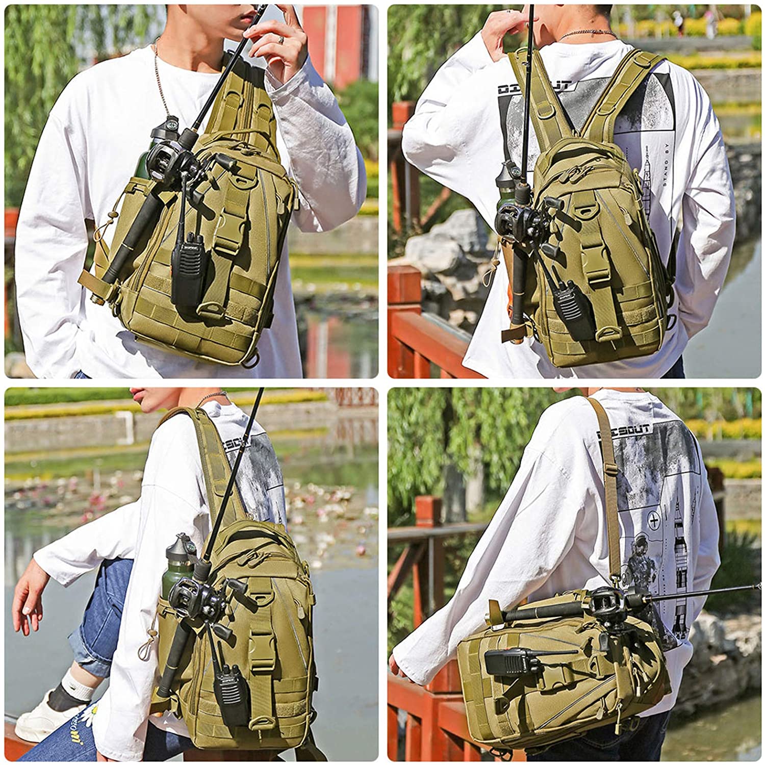 Water Resistant Tactical Fishing Sling Pack, Multi-Pocket Crossbody Chest Bag with Rod Holder for Fishing Hunting
