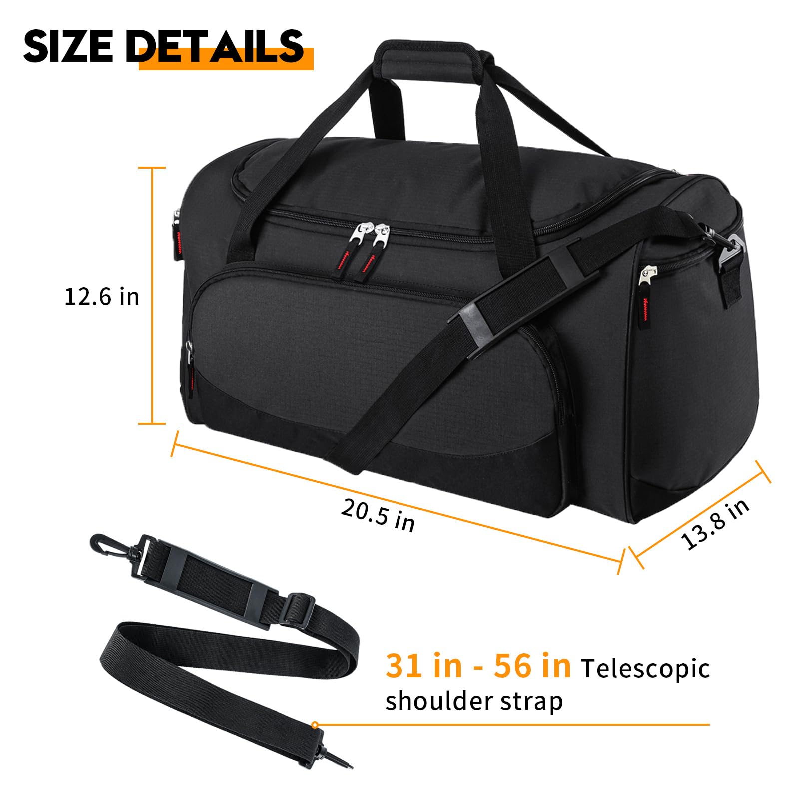 Ripstop Waterproof Gym Duffle Bag, Large Travel Weekender Duffel with Detachable Adjustable Shoulder Strap & Padded Hand Handle