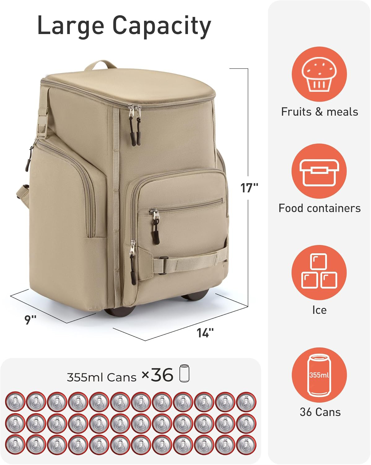 Rolling Cooler Backpack Leakproof Waterproof Insulated Beach Cooler with Wheels and Handle Outdoor