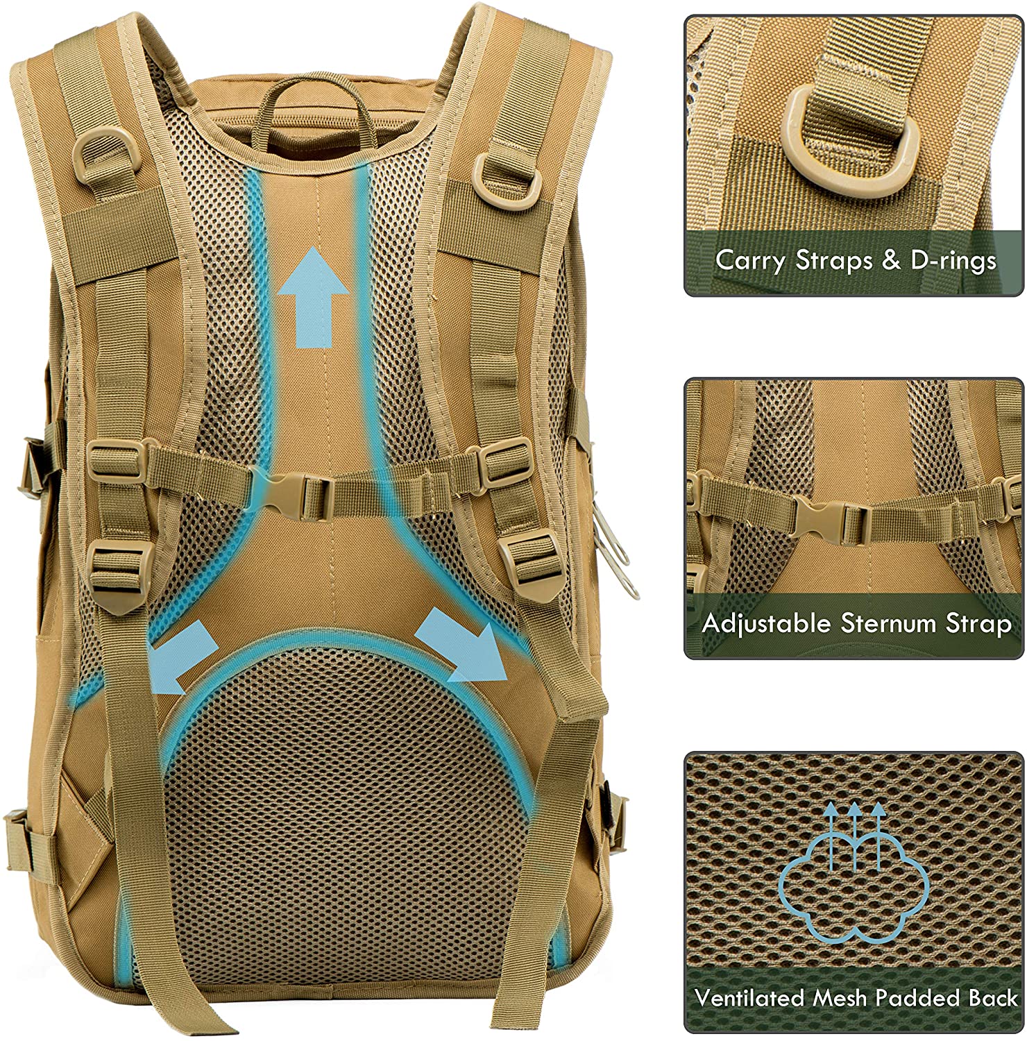 Coyote Brown MOLLE Tactical Backpack, Multi-Pocket Outdoor Rucksack with Detachable Top Pouch, Lightweight Pack for Hiking, Hunting, Camping & Shooting Range