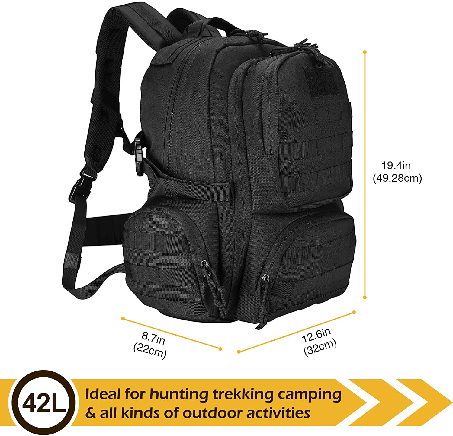 42L Large Tactical Backpack, MOLLE Outdoor Rucksack, Heavy-Duty Daypack for Hunting, Trekking, Camping & Outdoor Adventures