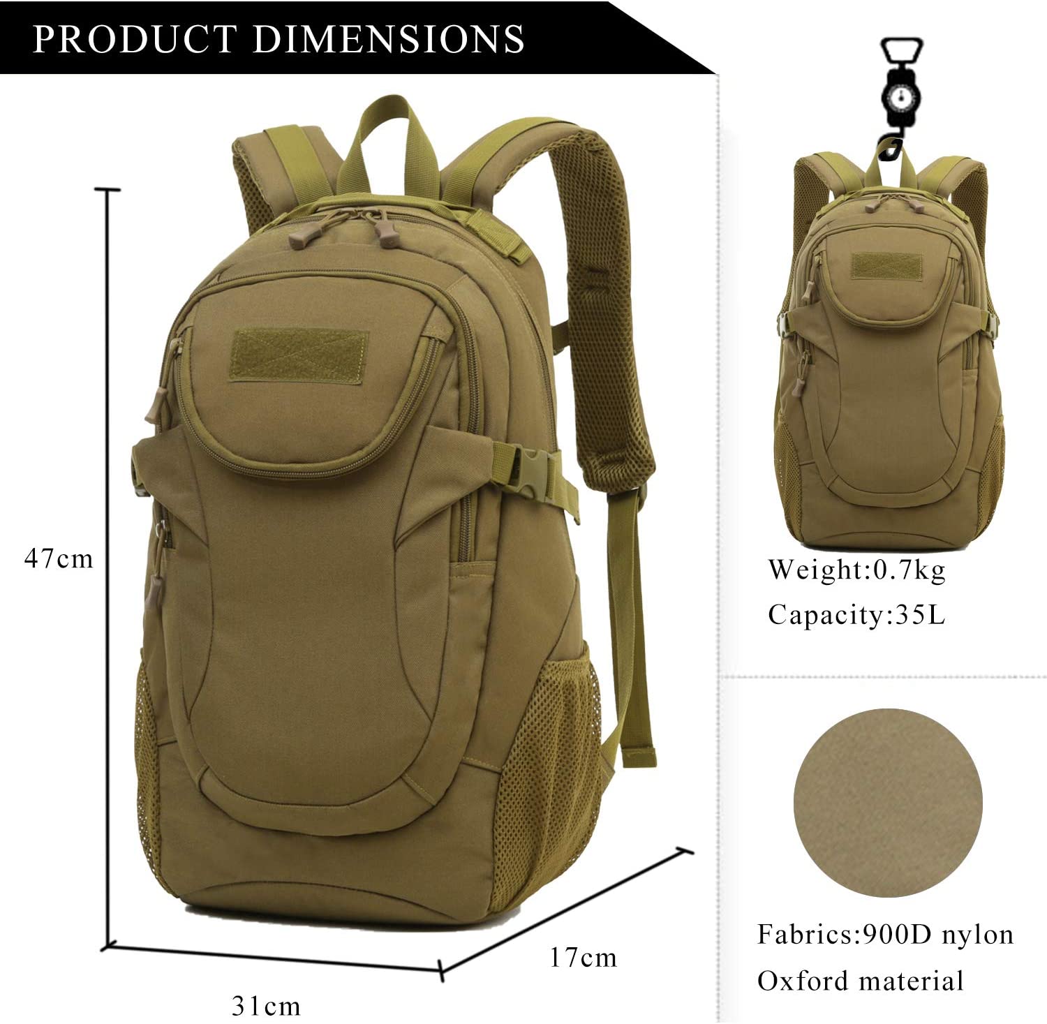 35L Lightweight Tactical Backpack, 900D Nylon Oxford Outdoor Daypack, Hiking Rucksack for Camping, Trekking & Daily EDC