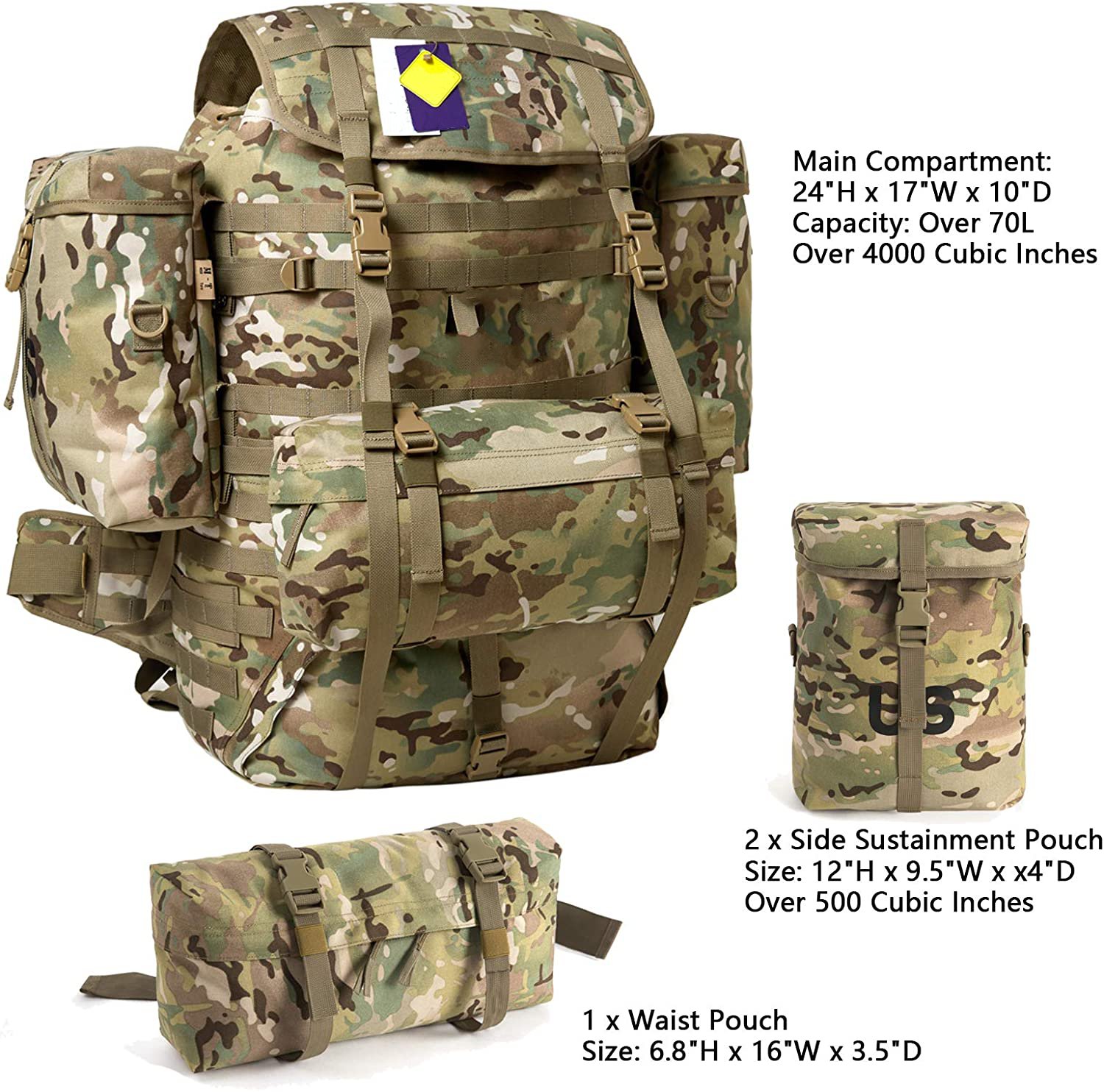 Military External Frame Rucksack Complete Pack System, Multicam Tactical Backpack with Polymer Frame, Detachable Pouches, Load Bearing Harness for Field Expedition, Hiking & Survival