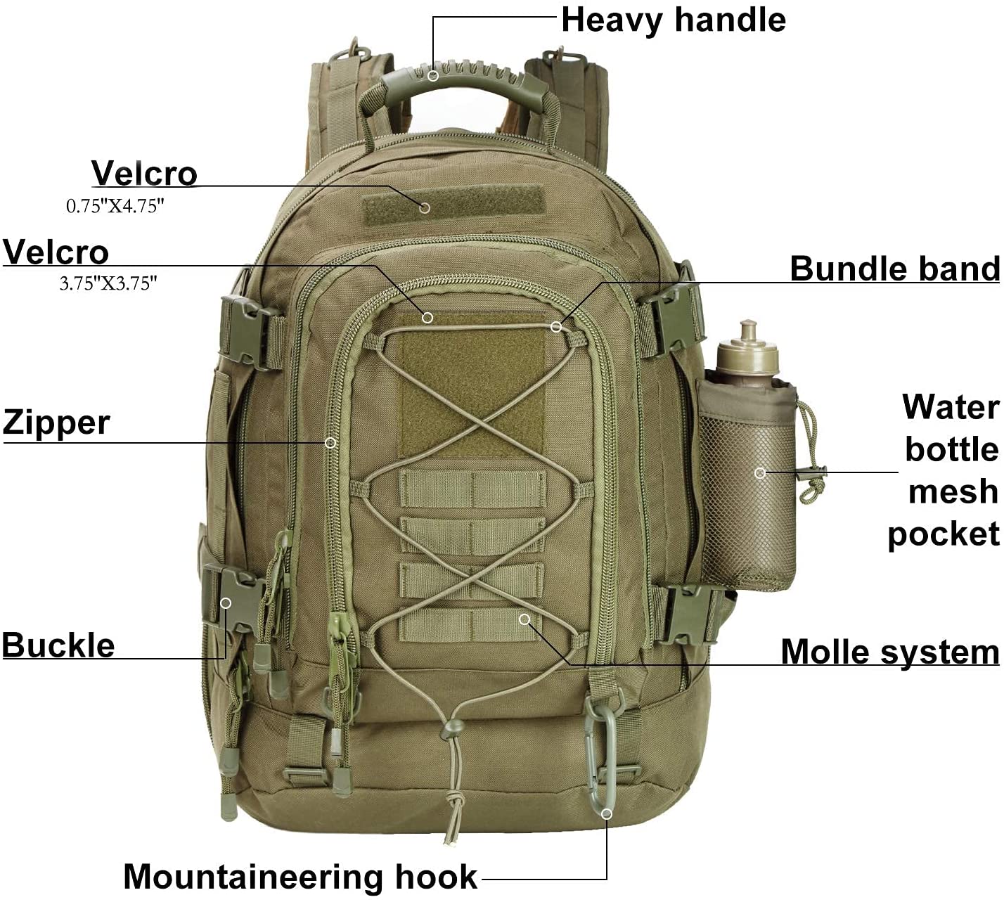 Expandable Tactical Backpack, Adjustable Capacity MOLLE Military Daypack with Detachable Water Bottle Holder for Hiking Shooting Camping Travel