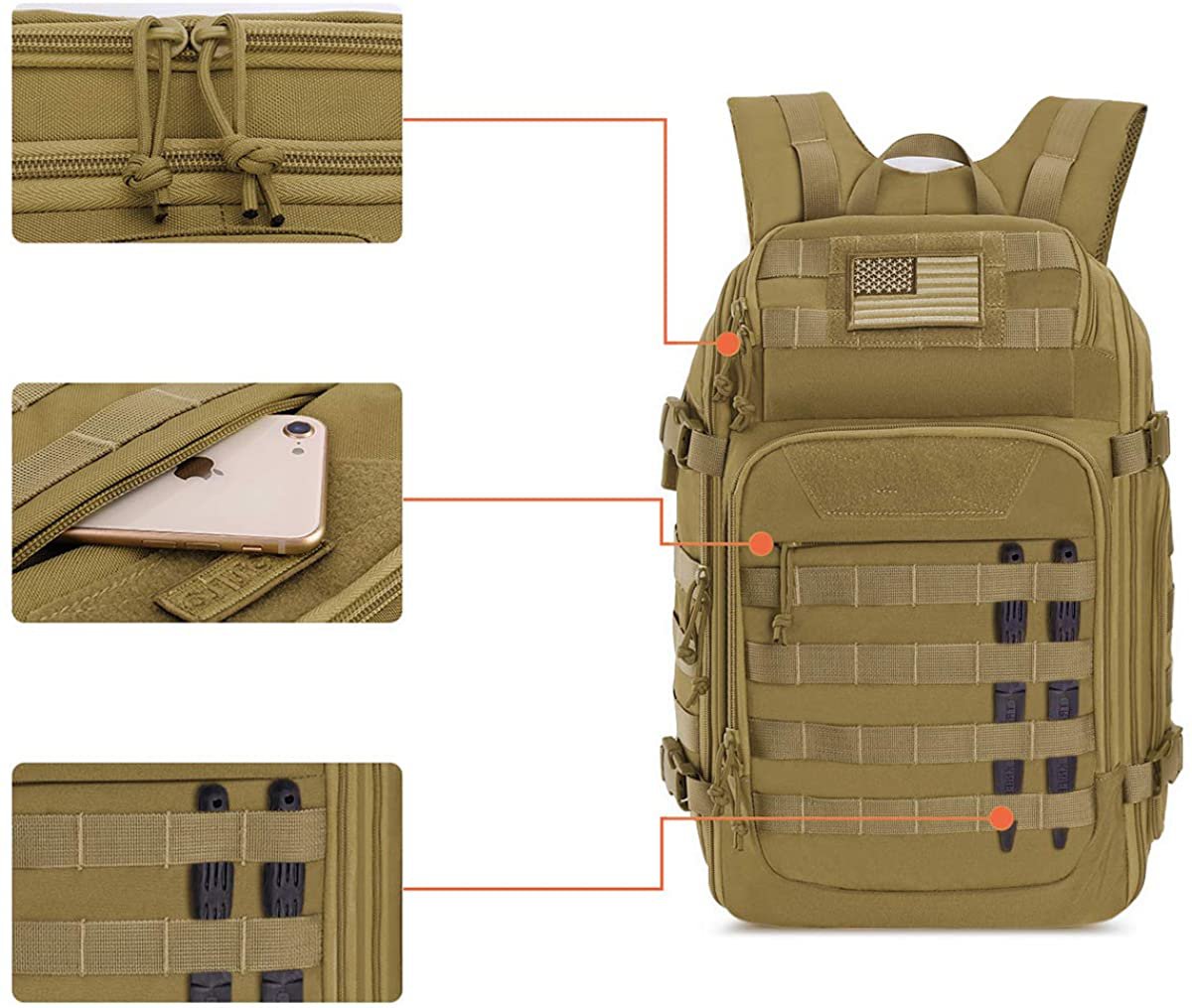 Tactical Backpack with External USB Charging Port, Water Resistant MOLLE Military Rucksack for Outdoor Hiking Camping Travel Daily EDC