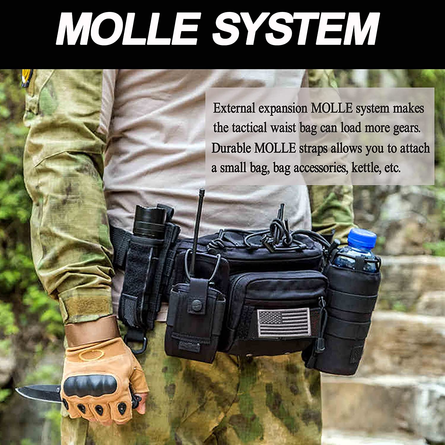 Tactical Fanny Pack for Men, Adjustable Large Waist Bag with MOLLE Webbing, Water Resistant Utility Hip Belt Bag for Hunting Hiking Cycling EDC Daily Carry