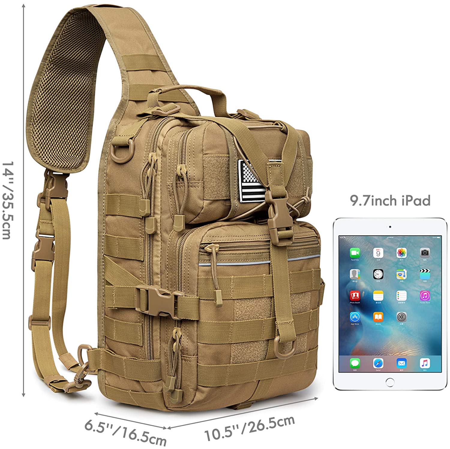Tactical Sling Bag Crossbody Chest Pack, MOLLE Shoulder Sling Backpack Fits 9.7-inch iPad for EDC Shooting Hiking Fishing Cycling