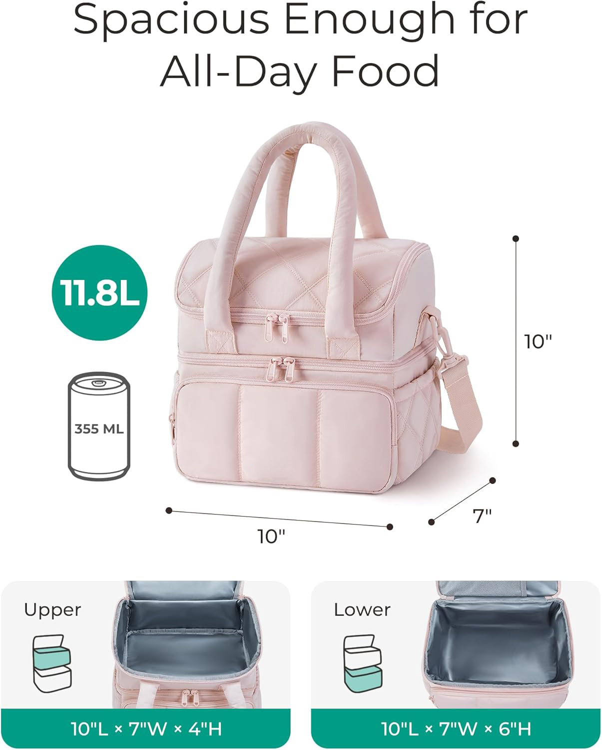 11.8L Two-Tier Insulated Lunch Bag, Quilted Water Resistant Cooler Tote with 12H Cold Retention & Detachable Shoulder Strap for Daily Work & Outdoor Picnic