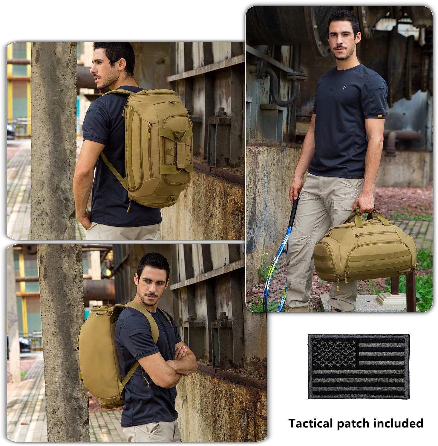 2 Sizes Tactical Duffle Bag with Rain Cover, MOLLE Sports Travel Duffel Backpack, Water Resistant Gear Bag for Gym, Hunting, Camping, Shooting & Outdoor Travel