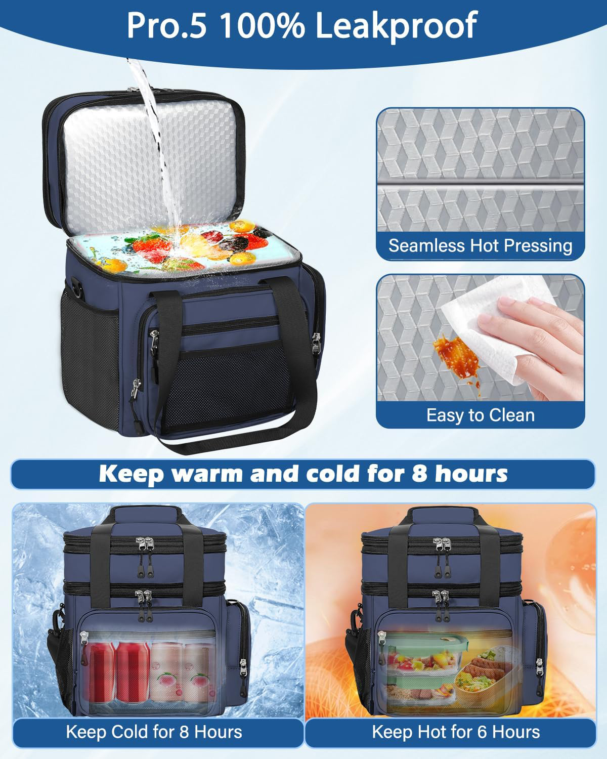 Dual Compartment Dry Wet Separation Insulated Cooler Bag, Seamless Hot Press 100% Leakproof Thermal Lunch Bag with Multi Pockets for Daily Work & Outdoor Picnic