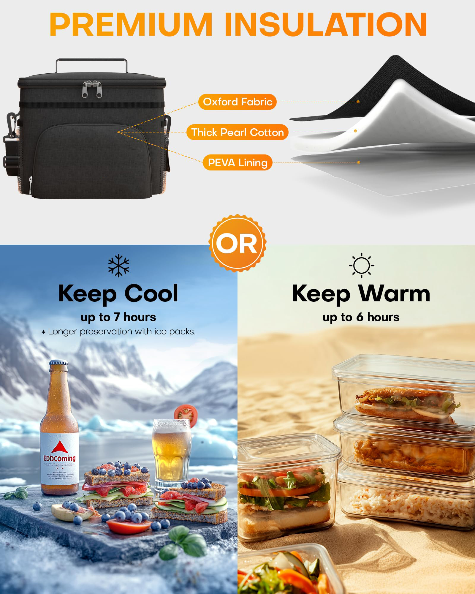 9L/15L Insulated Lunch Cooler Bag, Waterproof Leakproof Portable Thermal Tote with Multi Pockets & Adjustable Shoulder Strap