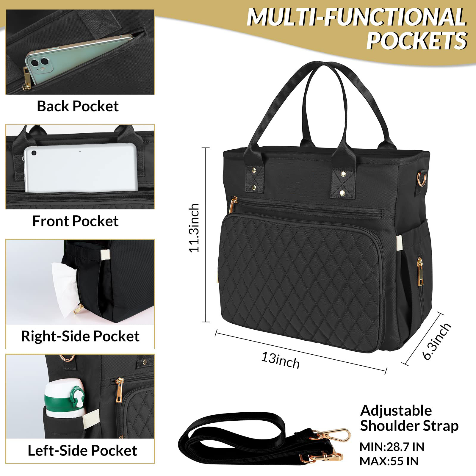 Quilted Multi-Pocket Insulated Lunch Bag, Waterproof Large Capacity Thermal Tote with Detachable Adjustable Shoulder Strap for Office & Daily Picnic