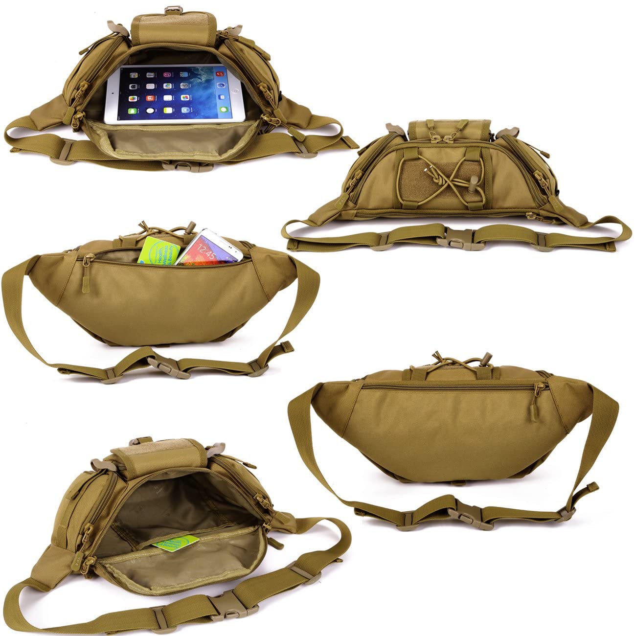 Tactical Fanny Pack, Multi-Pocket Waterproof Waist Bag with Hook-and-Loop Panel, Adjustable Hip Belt Bag for Hiking, Cycling, Camping, Daily EDC & Outdoor Activities