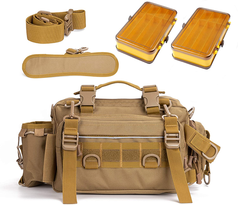 Tactical Fishing Tackle Bag, Multi-Pocket Outdoor Lumbar Gear Bag with Water Bottle Holder, MOLLE Utility Sling Pack for Fishing, Hiking, Camping & EDC Outdoor