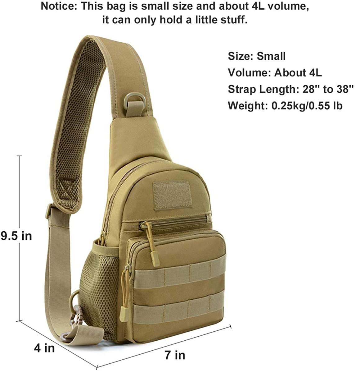 Small Tactical Sling Bag 4L, Lightweight EDC Chest Pack with MOLLE Webbing, Water Resistant Crossbody Shoulder Bag for Hiking, Cycling, Daily Outdoor Carry