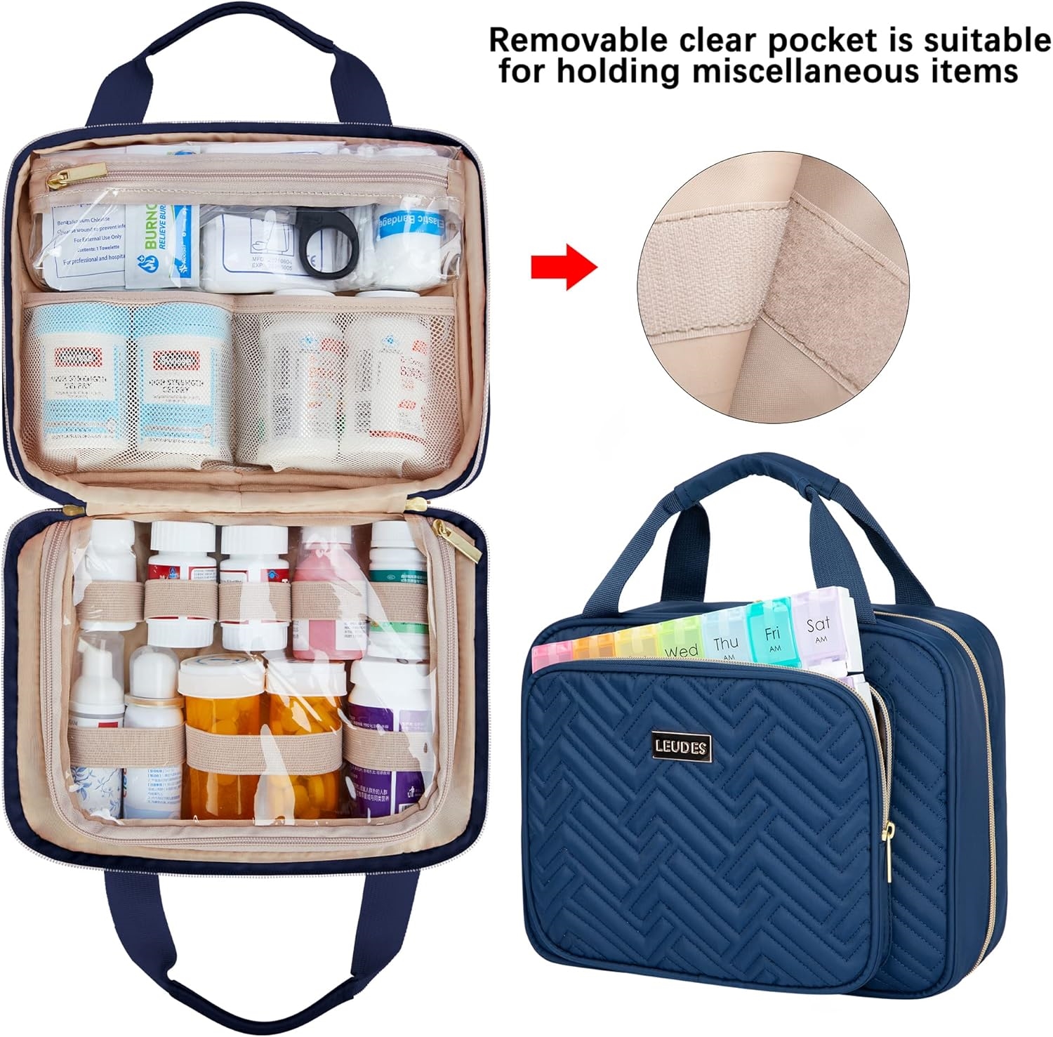 2 Sizes Waterproof Quilted Medicine Carry Bag, Portable Travel Pill Organizer with Front Pocket & Lockable Zippers