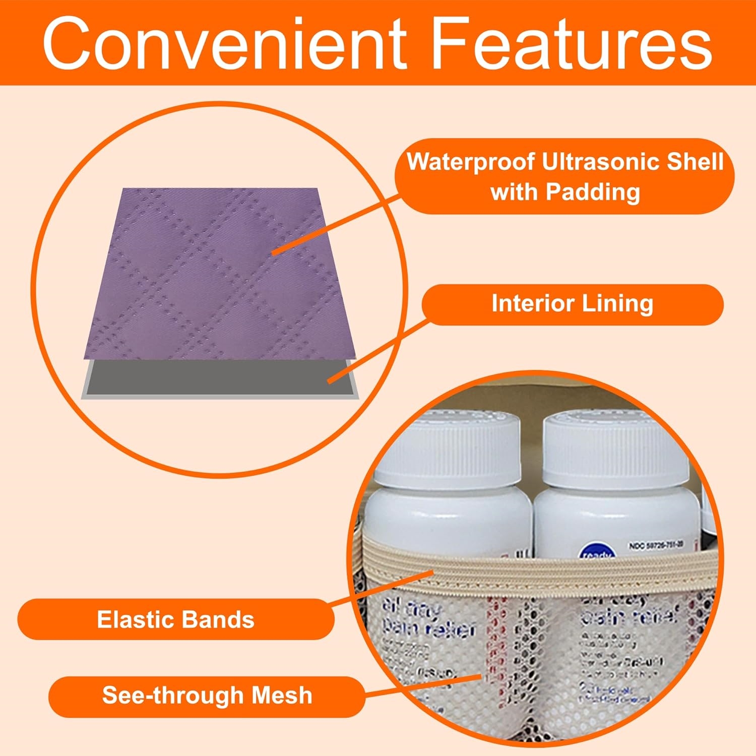 Compact Quilted Pill Bottle Travel Bag, Water Resistant Portable Medication Organizer with Multi Mesh Storage Pockets