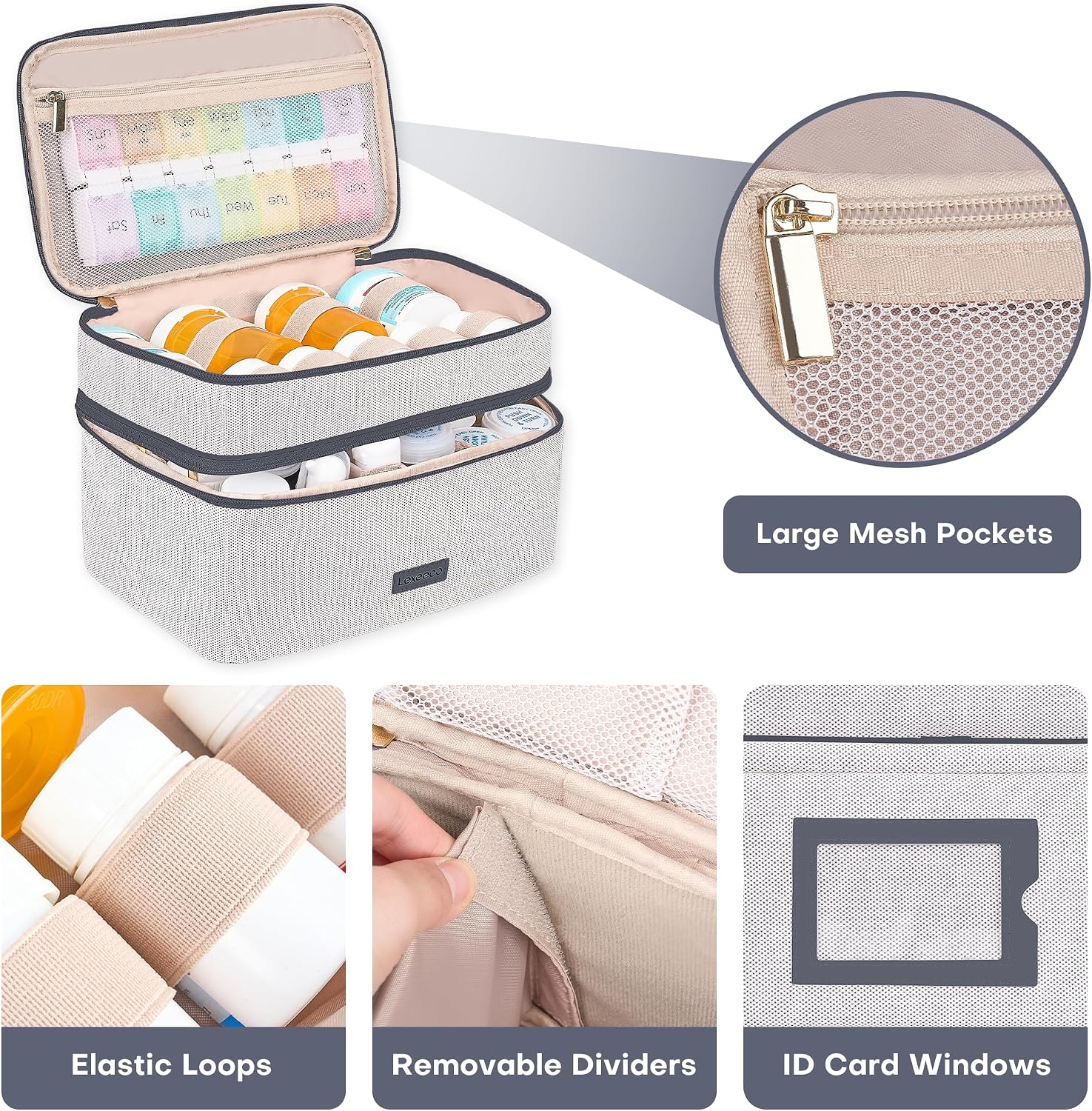Compact 2-Layer Medicine Carry Bag, Water Resistant Pill Organizer with Multi-Size Elastic Loops for Travel & Household Prescription Storage