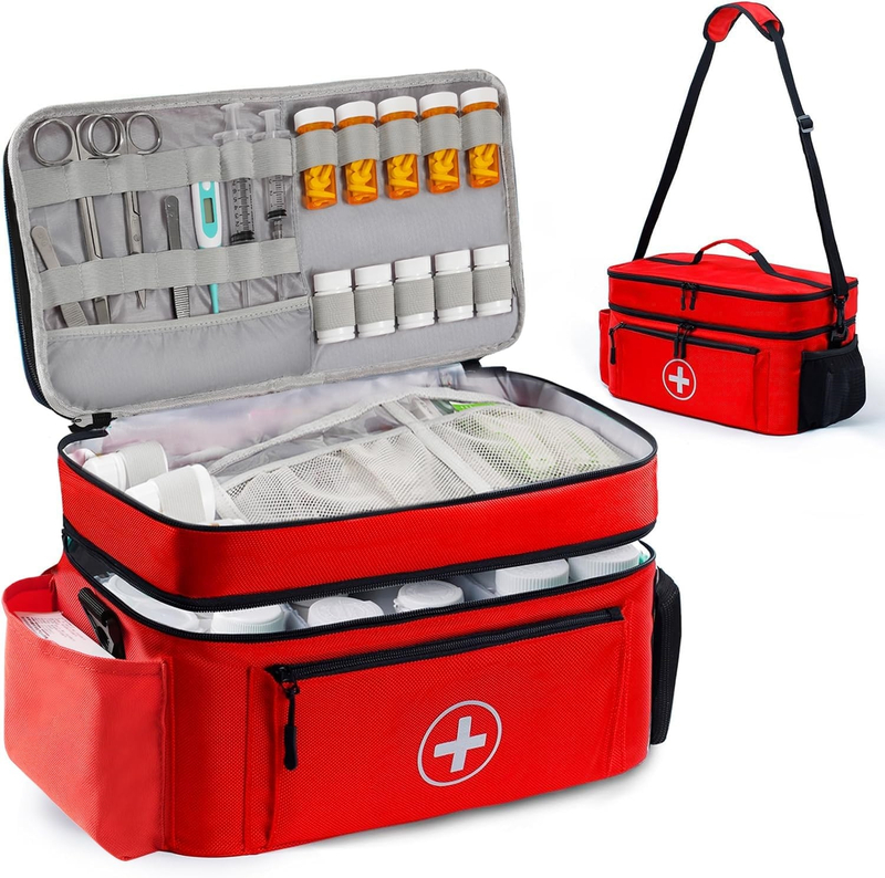 Spacious Waterproof First Aid Kit Bag, Large Capacity Medication Carry Bag with Removable Dividers & Crossbody Strap