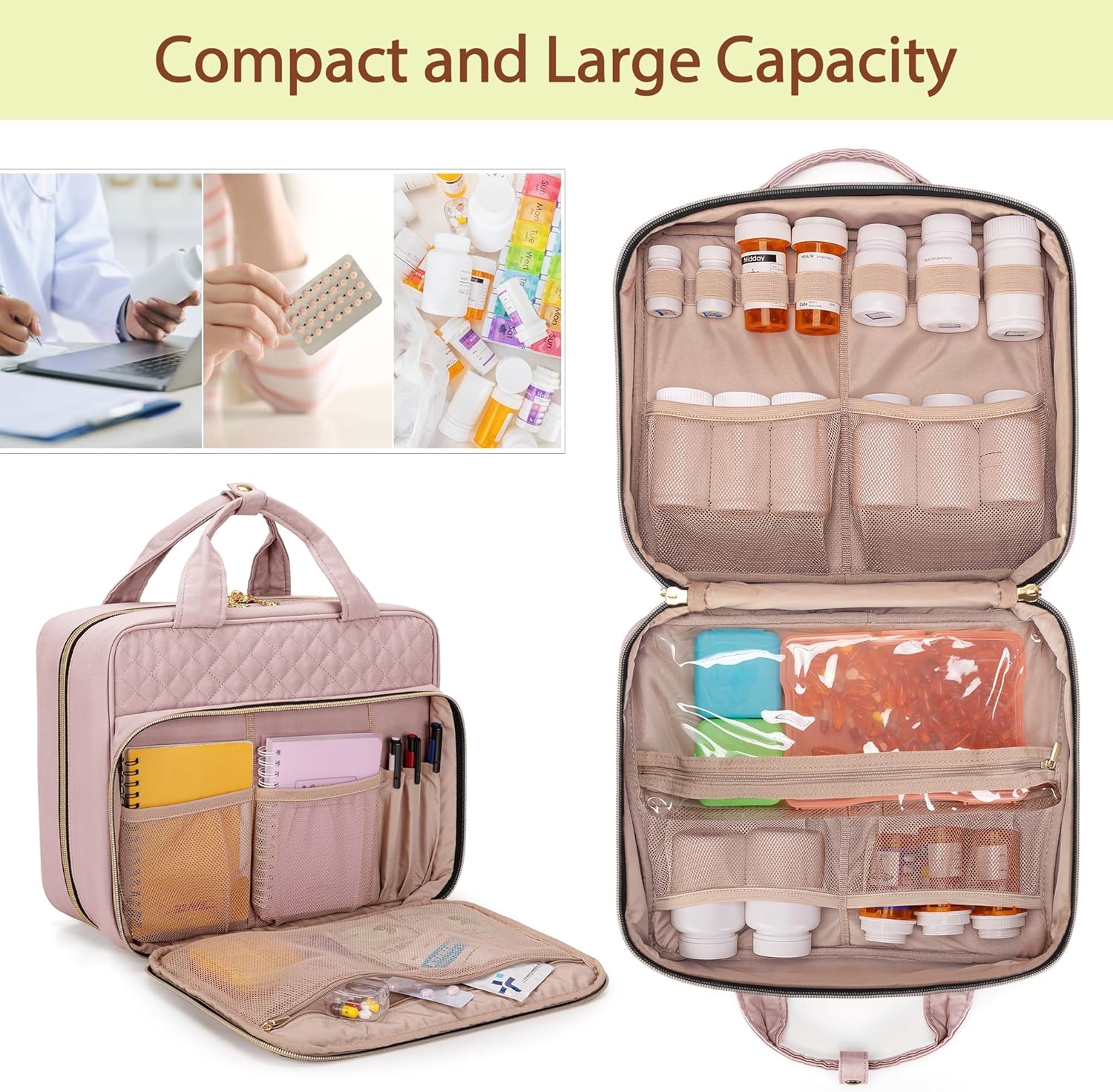 Waterproof Quilted Medicine Carry Bag, Large Portable Pill Storage Organizer with Lockable Zippers & ID Card Slot for Travel & Household Use