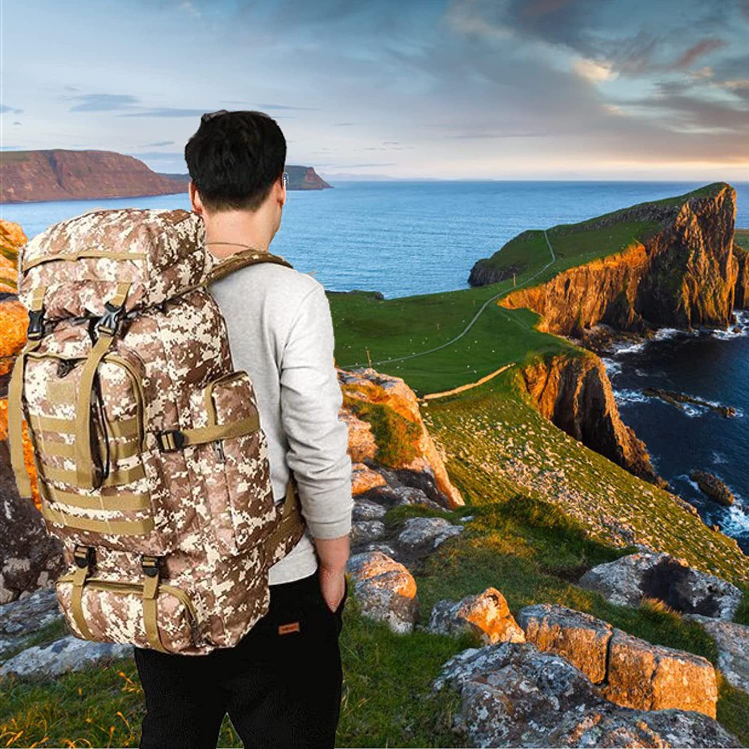 70-80L Large Capacity Military Tactical Backpack, Digital Camo MOLLE Rucksack, Waterproof Hiking Backpack for Camping, Mountaineering, Travel & Outdoor Survival