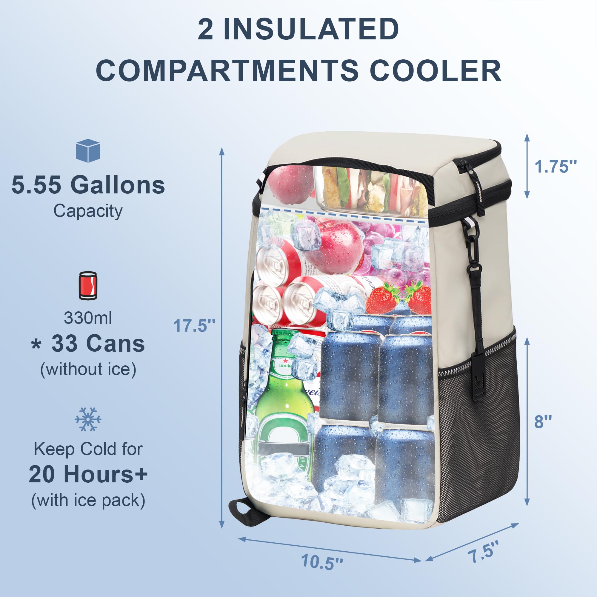 2 Compartment Insulated Cooler Backpack, 5.55 Gallon Holds 33 Cans, 20+ Hours Cold Retention Waterproof Thermal Backpack for Outdoor Camping Fishing Beach