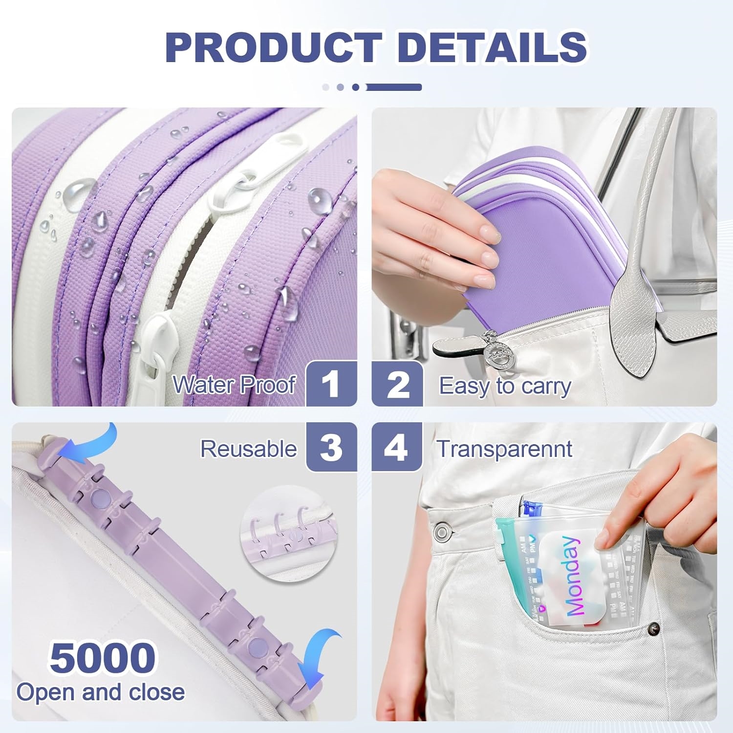 Portable Waterproof Pill Carry Bag with Reusable Transparent Weekly AM PM Medicine Pouches for Travel Daily Medication