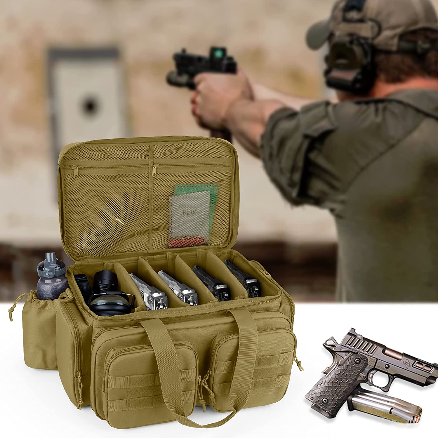 Tactical Handgun Range Bag, 4 Removable Padded Dividers Molle Multi-Pocket Firearm Storage Duffle Bag for Shooting Hunting Transport