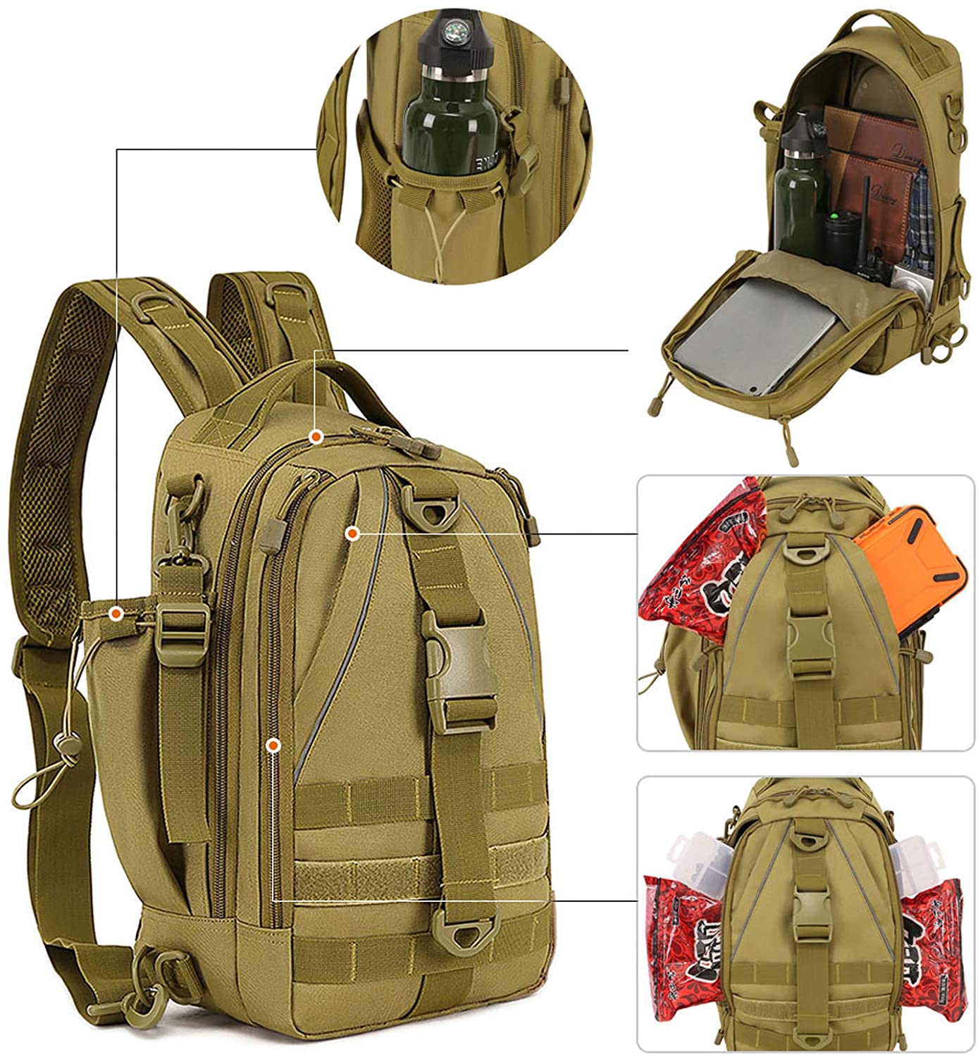 Water Resistant Tactical Fishing Sling Pack, Multi-Pocket Crossbody Chest Bag with Rod Holder for Fishing Hunting