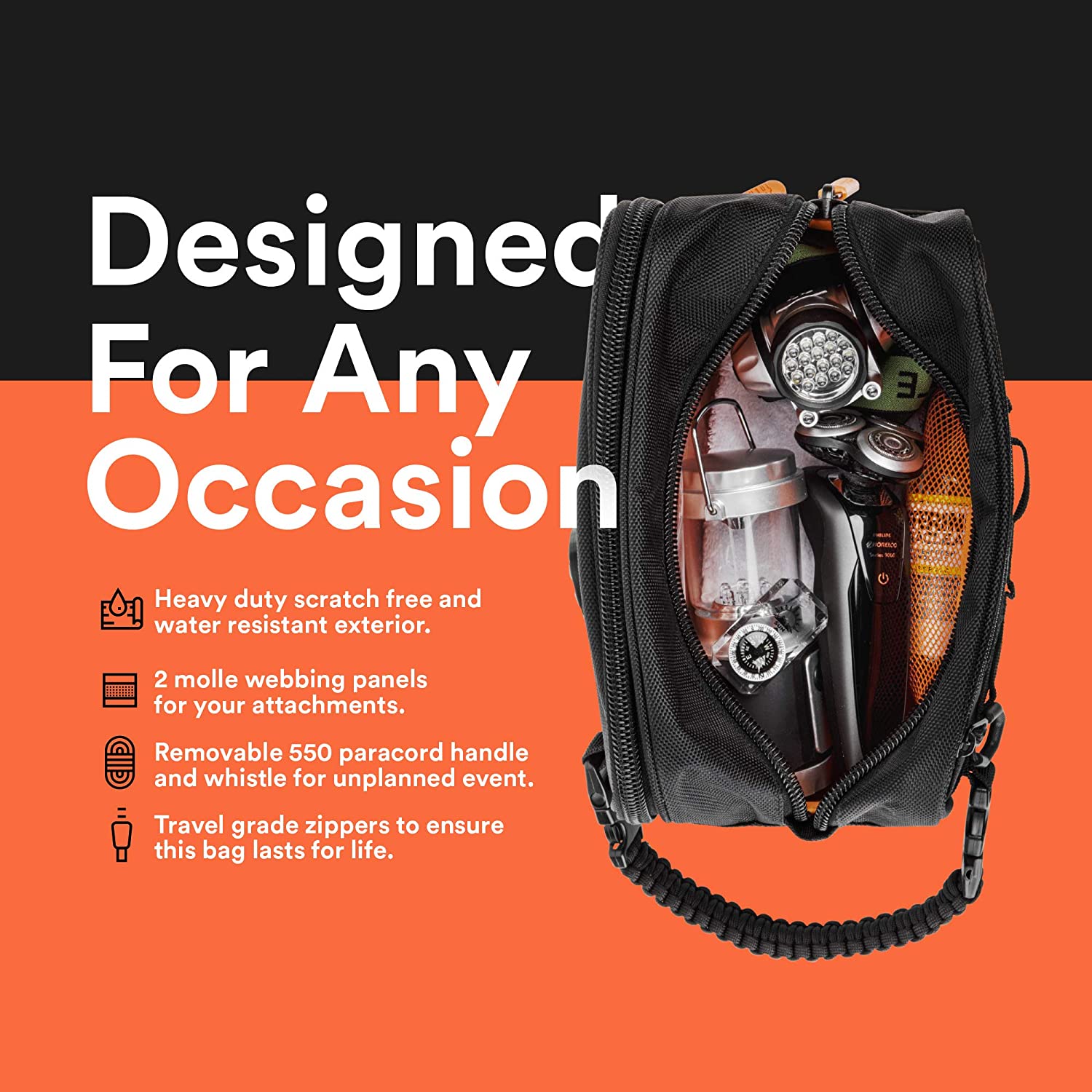 Water Resistant Tactical Molle Toiletry Bag, Heavy Duty EDC Utility Organizer Pouch with Removable 550 Paracord Handle for Travel Camping Outdoor