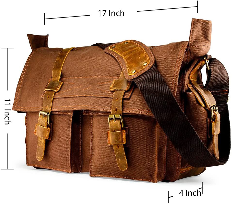 Vintage Waxed Canvas Messenger Bag with Genuine Leather Trim, 17 Inch Retro Crossbody Shoulder Bag, Multi-Purpose Camera & Laptop Satchel for Travel, Photography & Daily Use