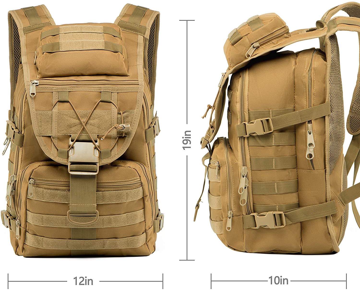 Coyote Brown MOLLE Tactical Backpack, Multi-Pocket Outdoor Rucksack with Detachable Top Pouch, Lightweight Pack for Hiking, Hunting, Camping & Shooting Range