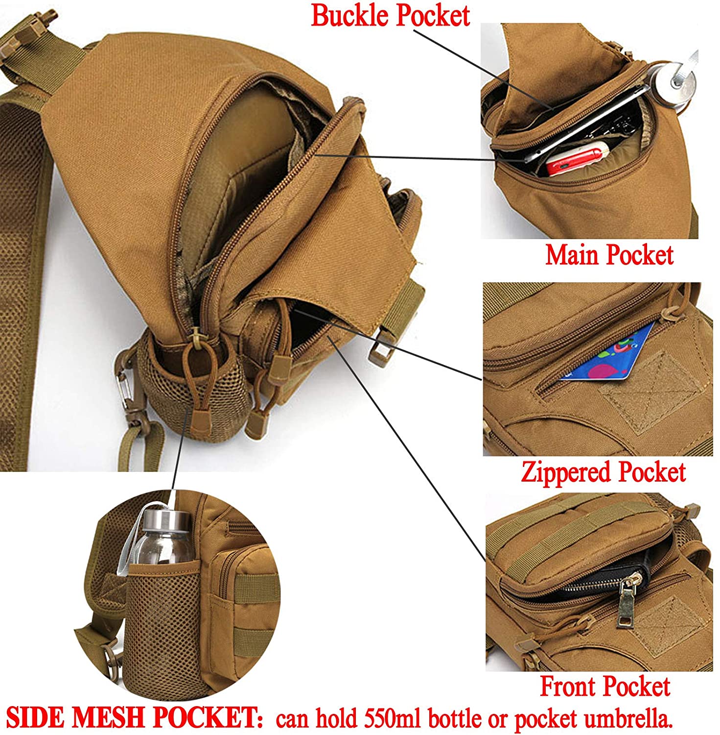 Tactical Sling Bag, Lightweight Crossbody Chest Pack, Outdoor Shoulder Sling Backpack Fit 7.9-inch Tablet for Hiking, Cycling, Daily EDC