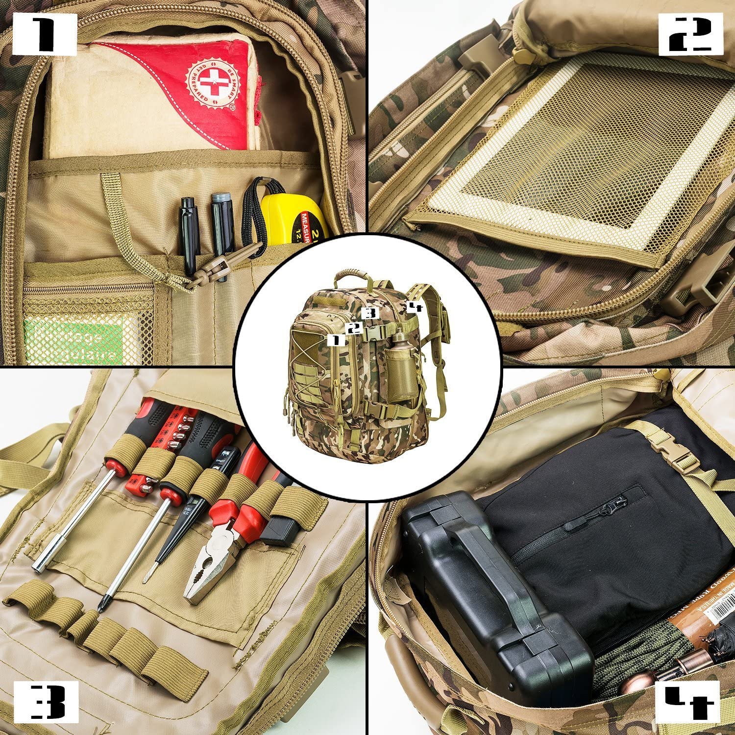 Expandable Military Tactical Backpack, Adjustable Capacity MOLLE Rucksack, Water Resistant Outdoor Daypack for Hiking, Camping, Hunting & Tactical Training