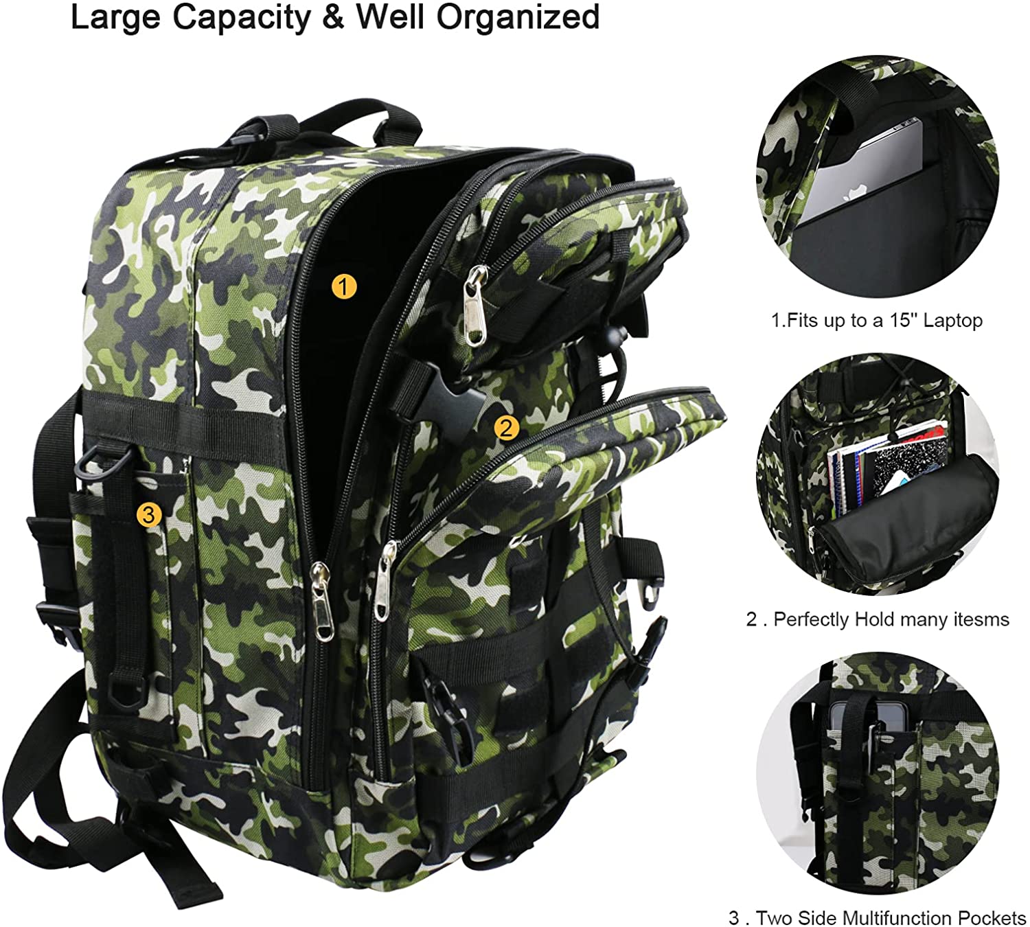 Woodland Camo Tactical Backpack, 20.7L Lightweight MOLLE Daypack, Outdoor Rucksack for Hiking, Camping, Shooting Range & Daily EDC